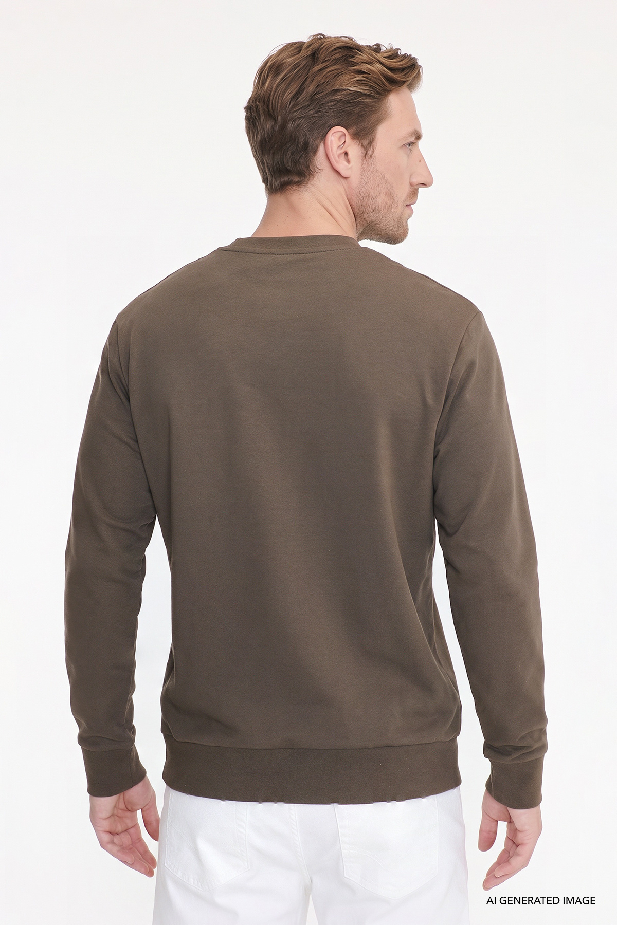 Erkek Haki Pamuklu Standart Fit Normal Kesim 2 İplik Bisiklet Yaka Sweatshirt — خاکی ET5224200011 — تصویر 6 از 6