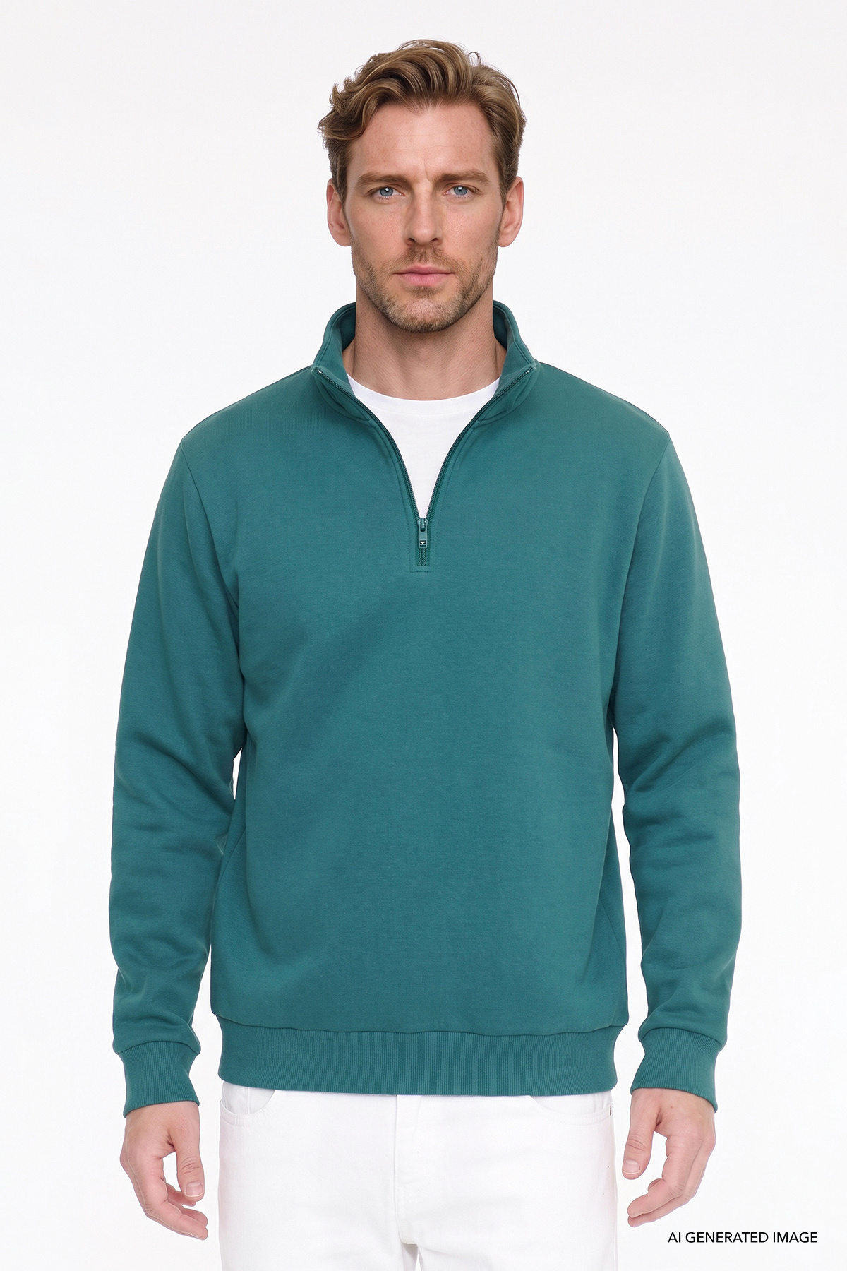 Erkek Koyu Yeşil Standart Fit Normal Kesim İçi Polarlı Bato Yaka Pamuklu Sweatshirt — سبز ET5224100015 — تصویر 2 از 6