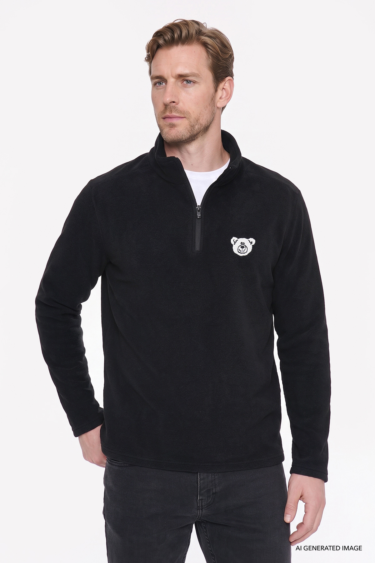 Erkek Siyah Anti-Pilling Tüylenme Yapmayan Soğuk Geçirmez Standart Fit Nakışlı Sweatshirt Polar — مشکی ETE054271004 — تصویر 3 از 7