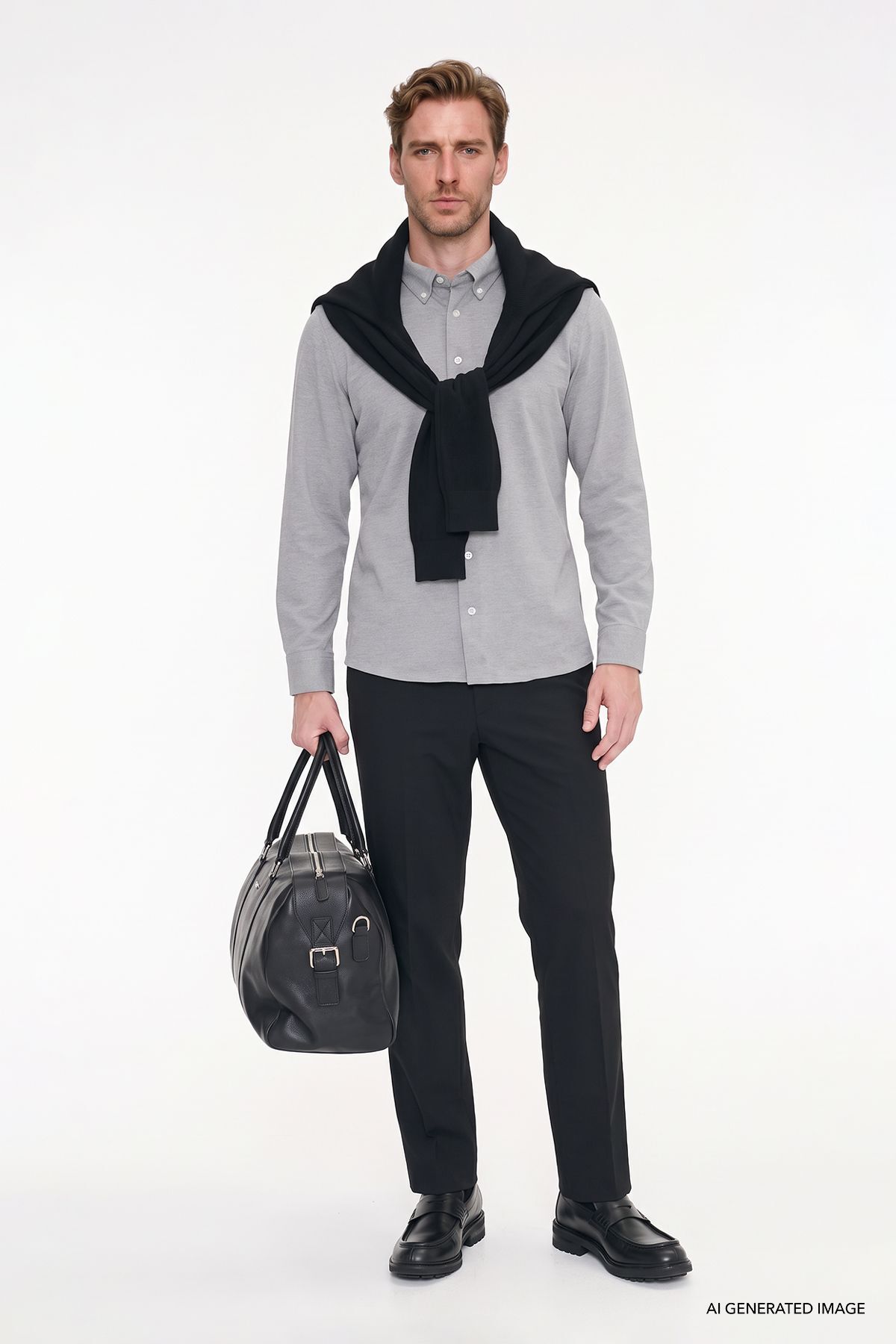 Erkek Gri Nefes Alabilir Esnek Pamuklu Tailored Slim Fit Dar Kesim Düğmeli Yaka Örme Gömlek — خاکستری ETE201262099 — تصویر 3 از 7