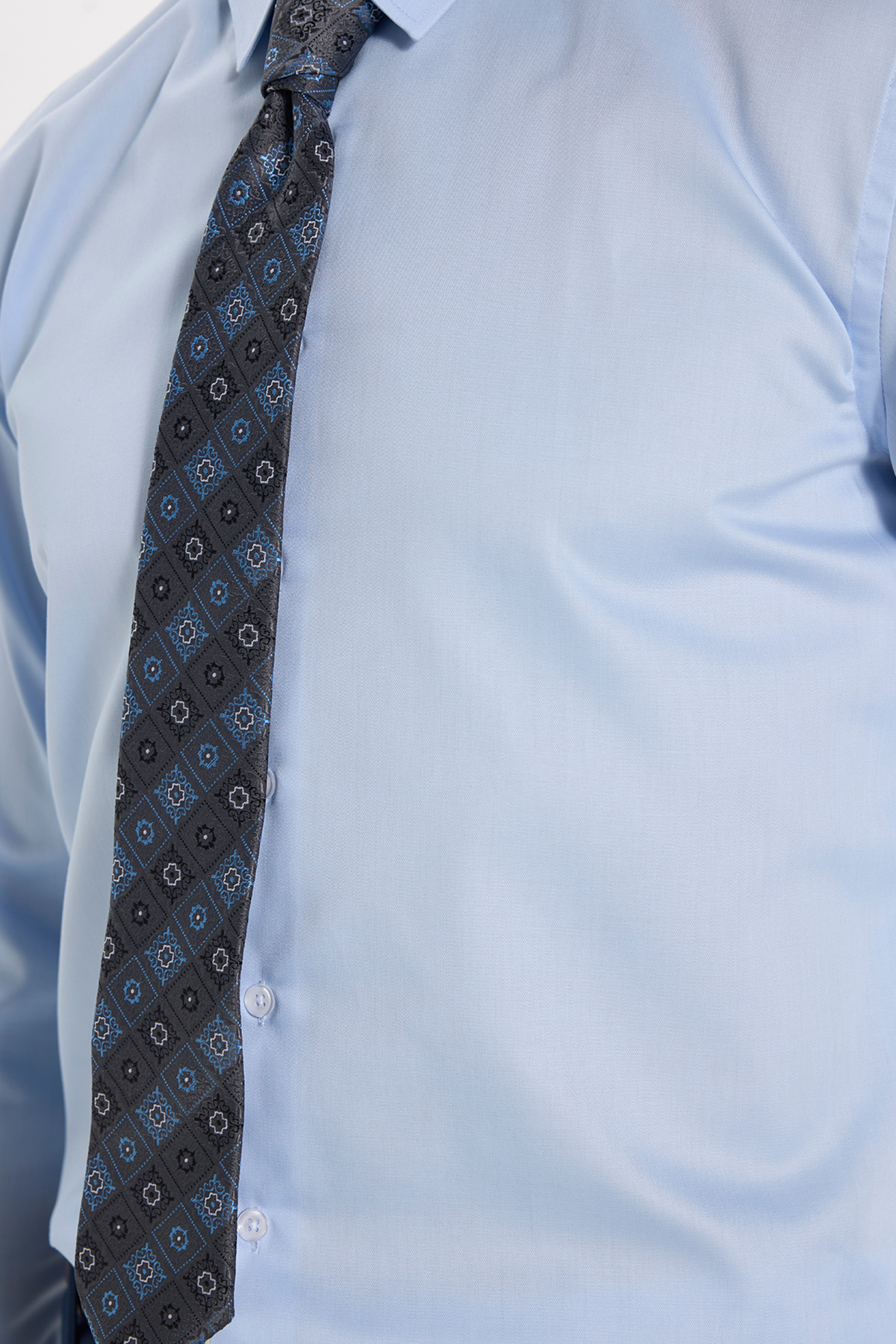 Erkek Slim Fit Non-Iron Pamuklu Kravatlık Yaka Uzun Kol Mavi Gömlek — رنگارنگ DR250009 — تصویر 6 از 10