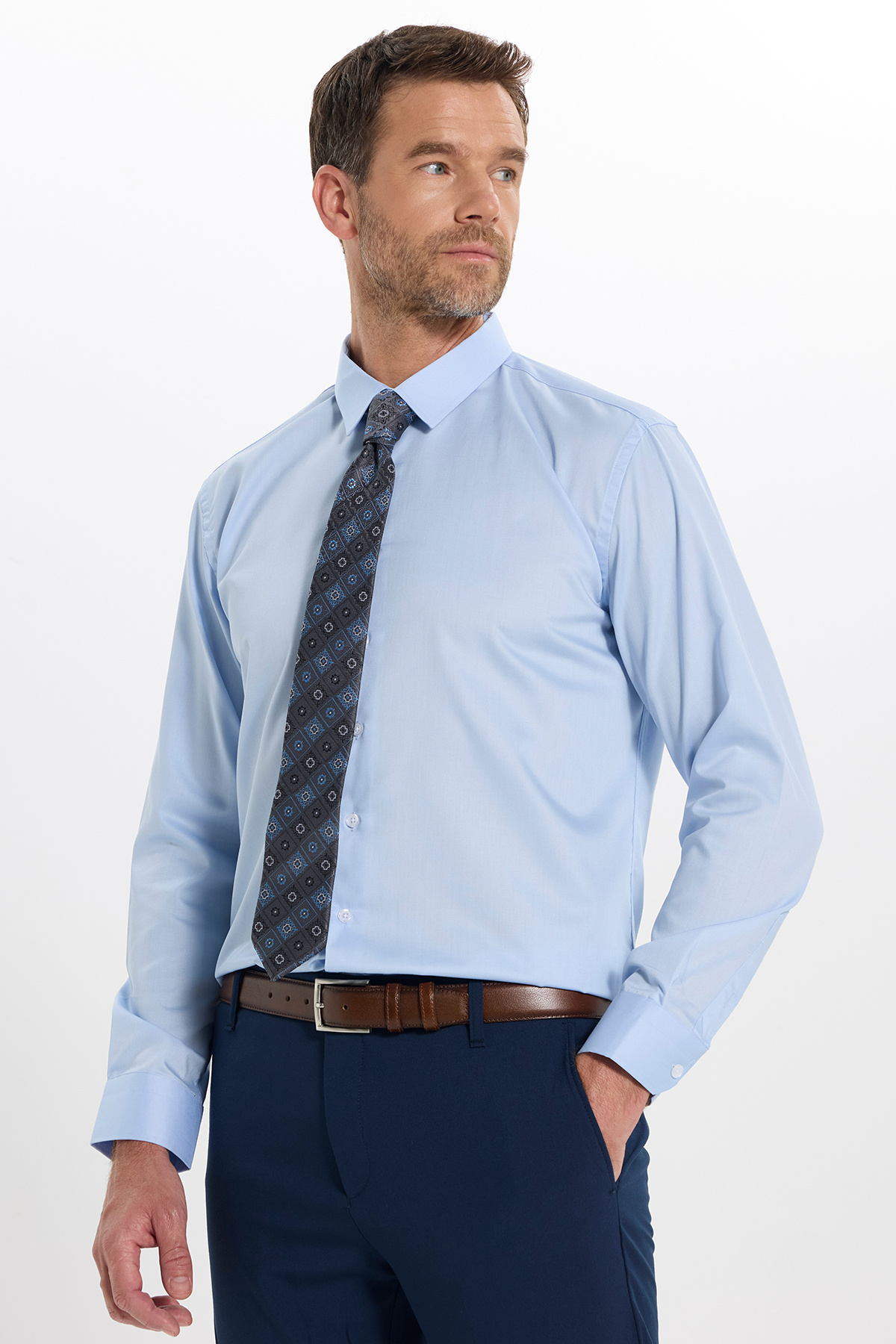 Erkek Slim Fit Non-Iron Pamuklu Kravatlık Yaka Uzun Kol Mavi Gömlek — رنگارنگ DR250009 — تصویر 4 از 10
