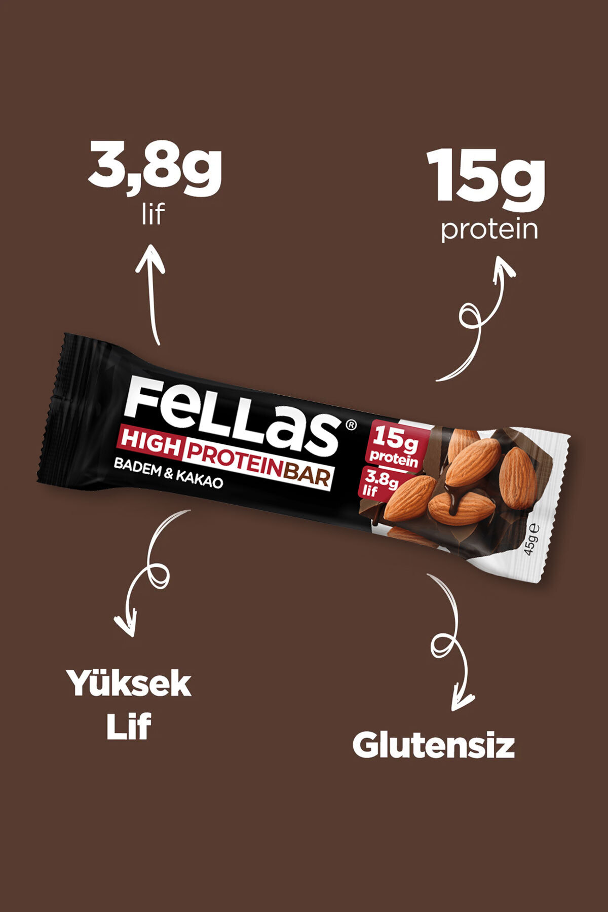 Yüksek Protein Bar - Bademli ve Kakaolu (45 g) x 12 Adet 4