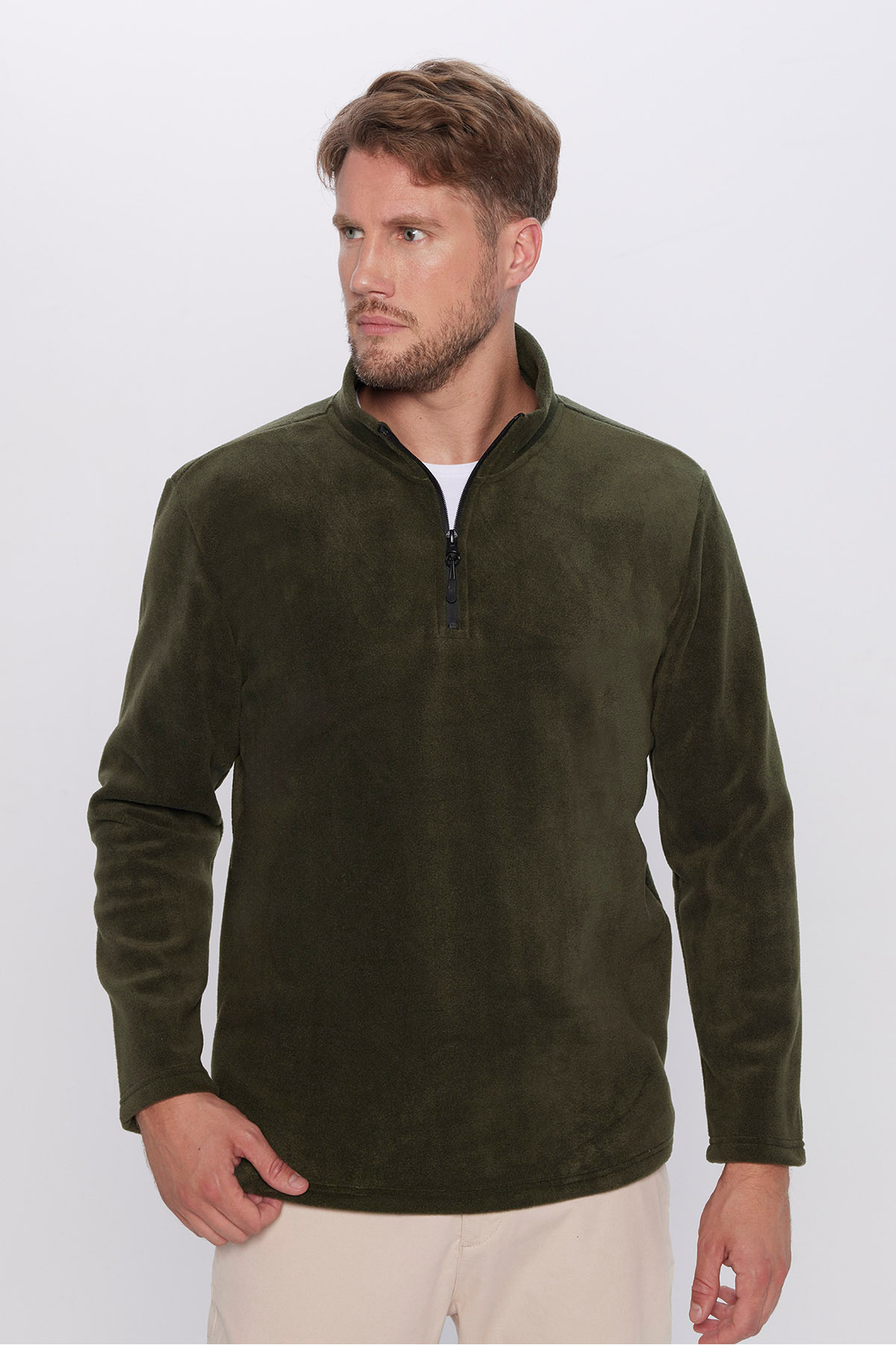 Unisex Rahat Kesim Tüylenmeye Karşı Dirençli Soğuğa Karşı Dayanıklı Haki Dik Yaka Polar Sweatshirt 3
