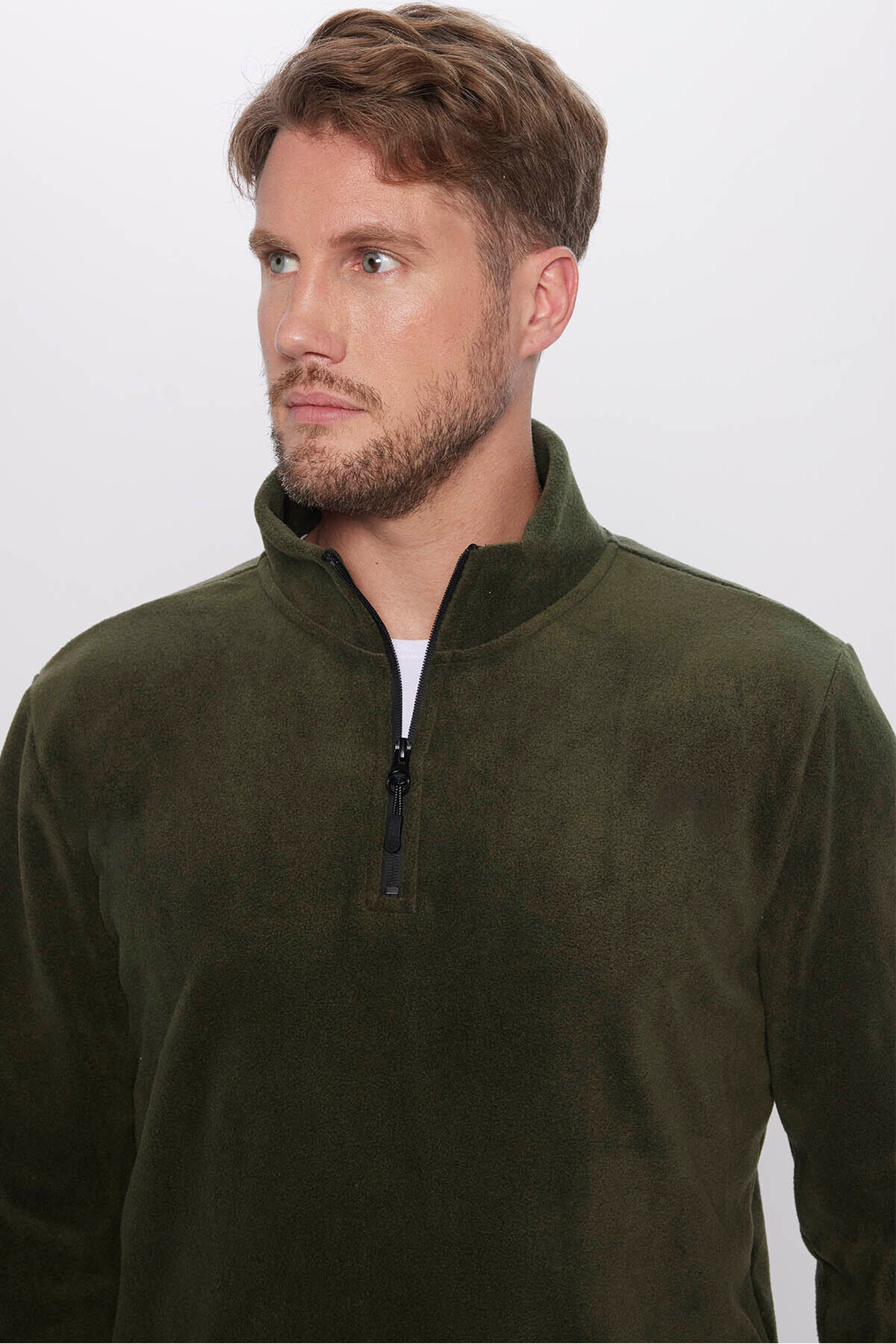 Unisex Rahat Kesim Tüylenmeye Karşı Dirençli Soğuğa Karşı Dayanıklı Haki Dik Yaka Polar Sweatshirt 4