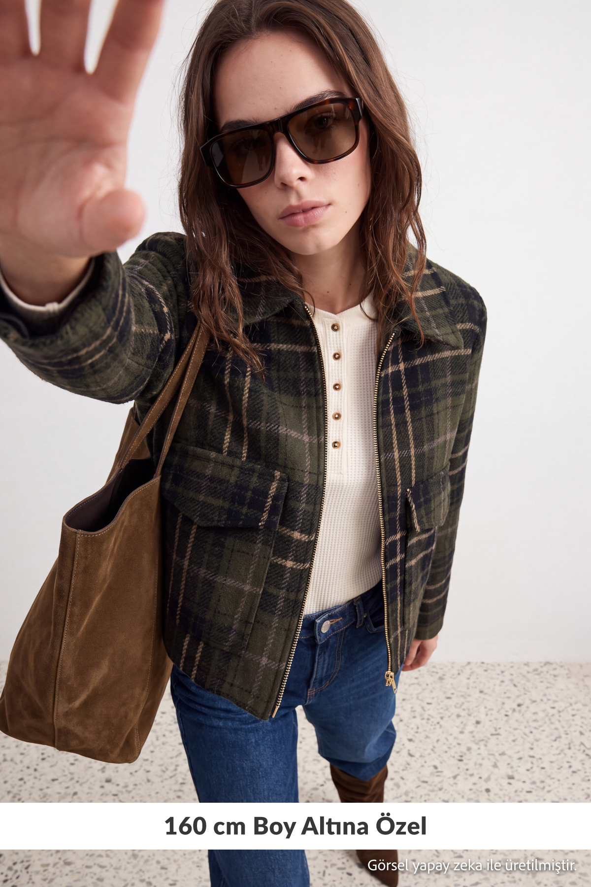 Petite Haki Oversize Kalıp Ekose Kaşe Mont TWOAW27MO00144