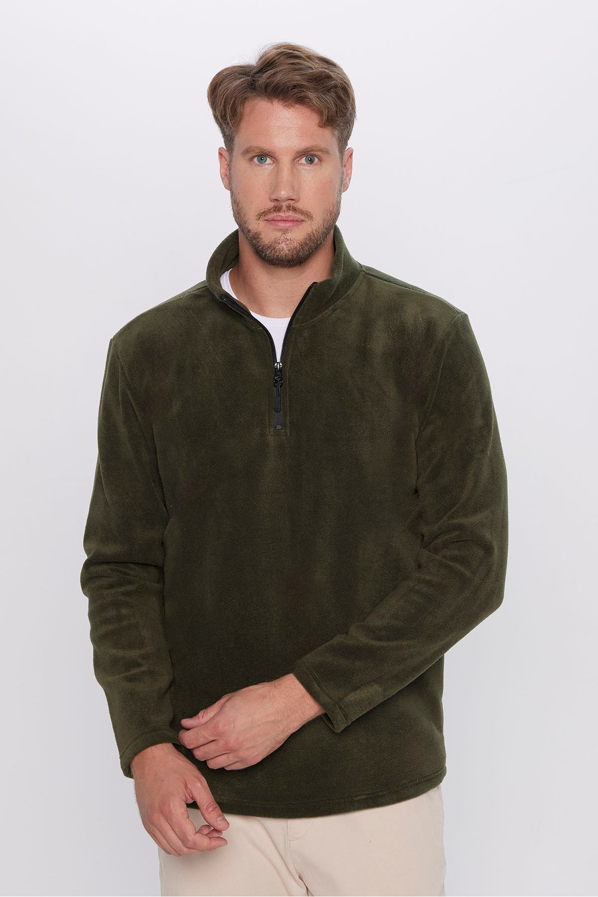 Unisex Rahat Kesim Tüylenmeye Karşı Dirençli Soğuğa Karşı Dayanıklı Haki Dik Yaka Polar Sweatshirt 5