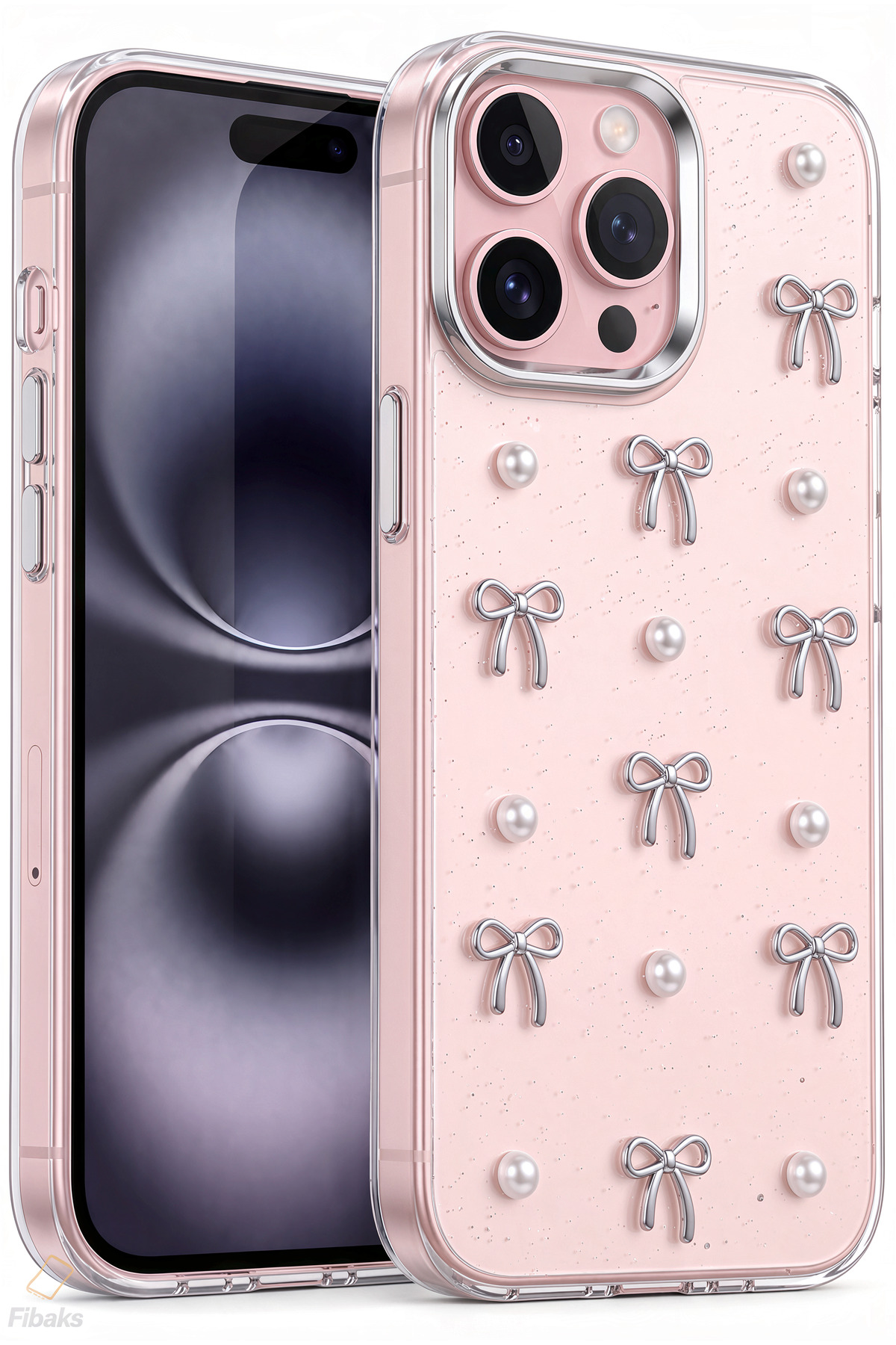 iPhone 14 Pro Kılıf Fiyonk Desenli Şeffaf Simli Gümüş Kamera Çıkıntılı Parlak Kapak
