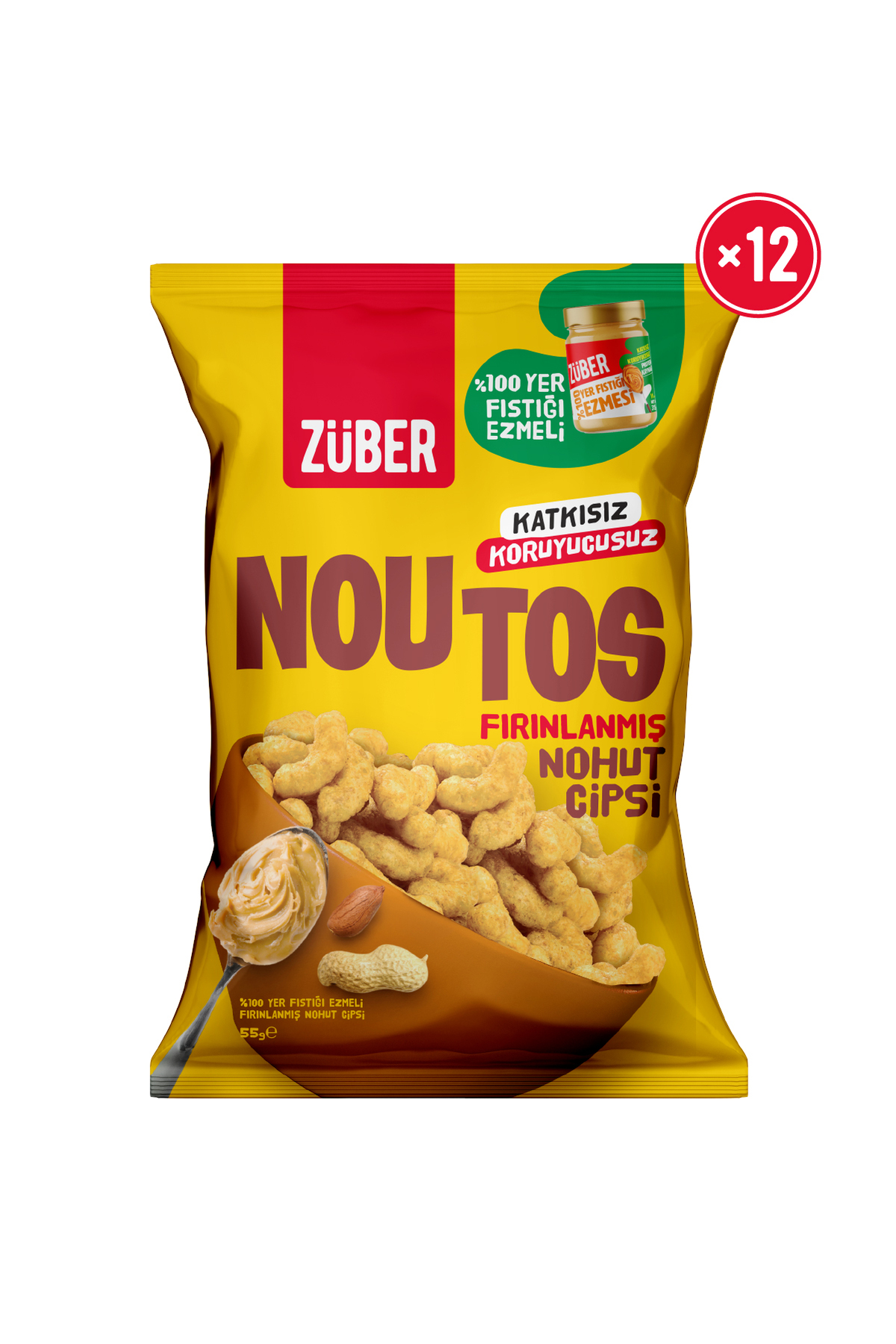 Züber Noutos %100 Yer Fıstığı Ezmeli Fırınlanmış Nohut Cipsi 55g x 12 Adet