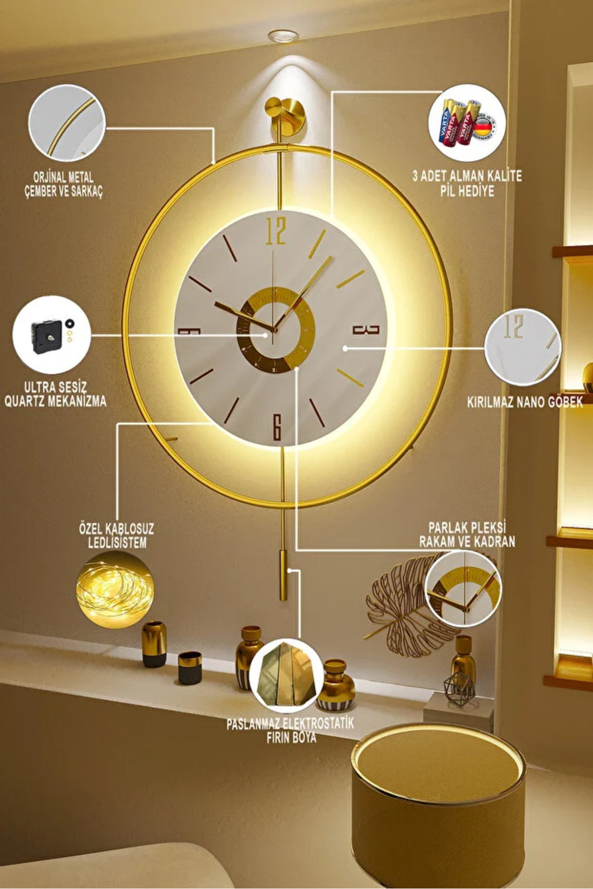 ساعت دیواری اسکندیناوی با صفحه طلایی و LED - سایز کوچک 40*60 سانتیمتر