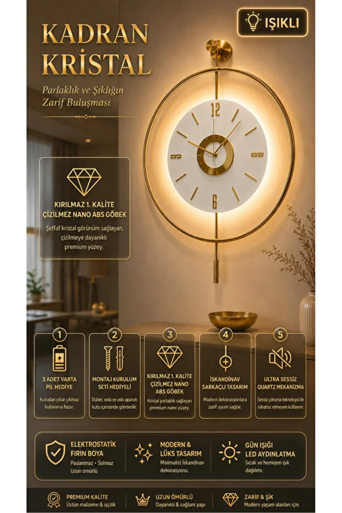 ساعت دیواری اسکندیناوی با صفحه طلایی و LED - سایز کوچک 40*60 سانتیمتر