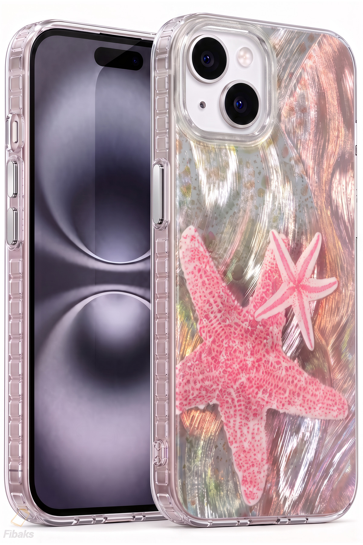 iPhone 13/14/15 Kılıf Hologramlı Pembe Deniz Yıldızı Desenli Darbe Emici Kamera Korumalı Silikon
