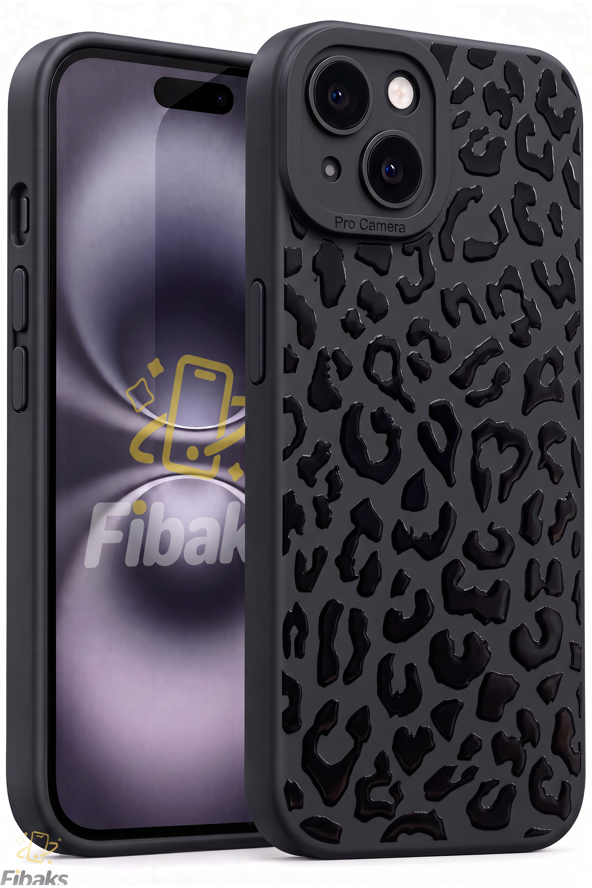 iPhone 15 Kılıf Mat Siyah Hologramlı Leopar Desenli Kamera Korumalı Yumuşak Silikon Kapak