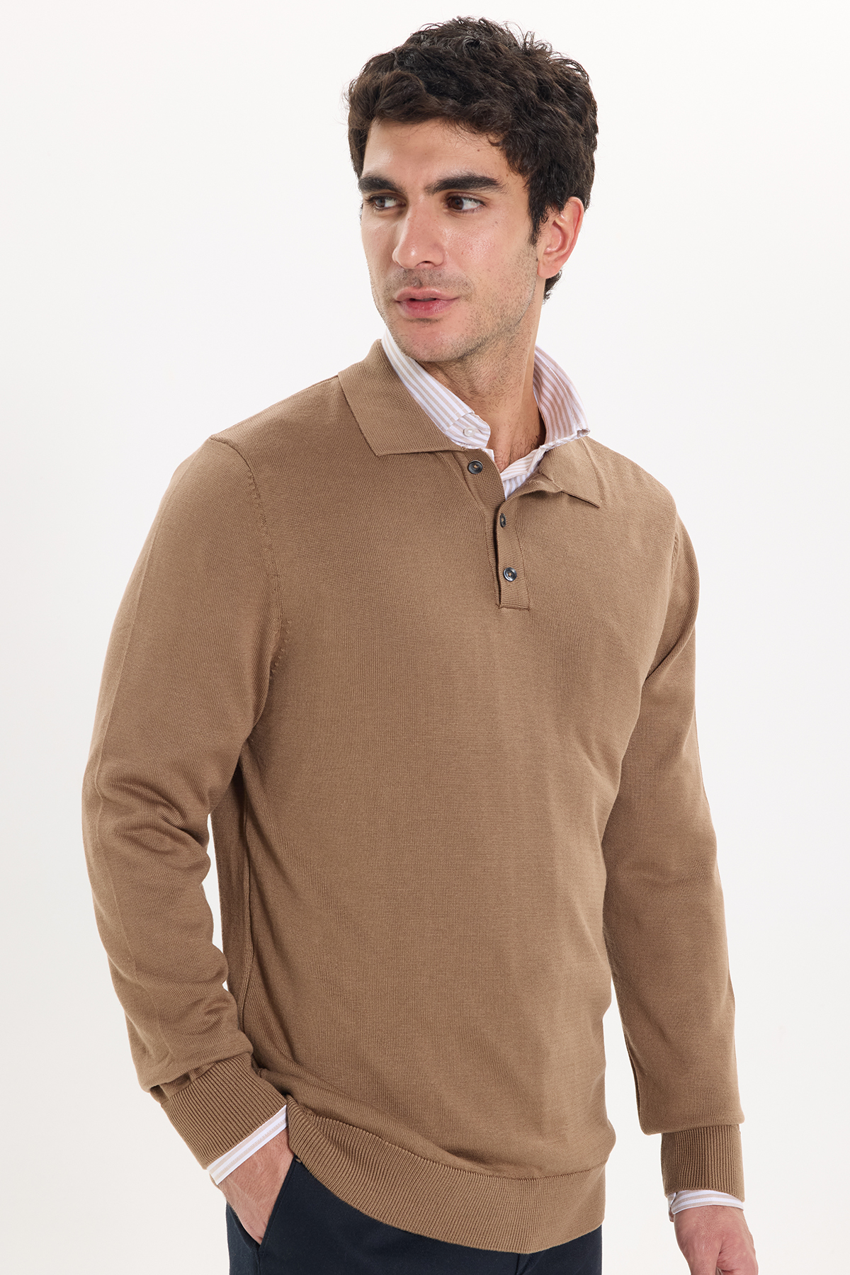 Erkek Standart Fit Normal Kesim Pamuklu Polo Yaka Vizon Kazak — رنگارنگ KZ250004 — تصویر 6 از 9