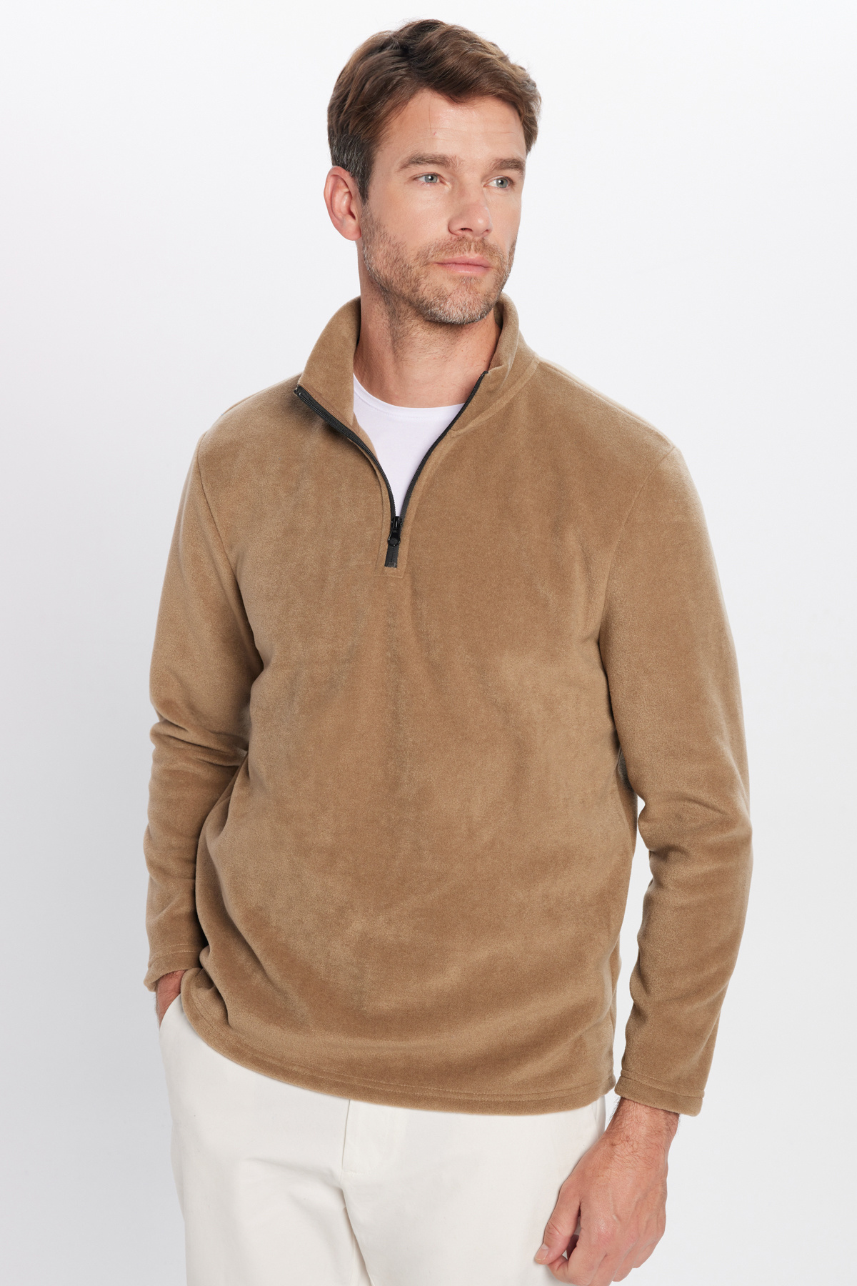 Unisex Standart Fit Tüylenmeye Karşı Dirençli Soğuğa Karşı Dayanıklı Haki Bato Yaka Polar Sweatshirt 2