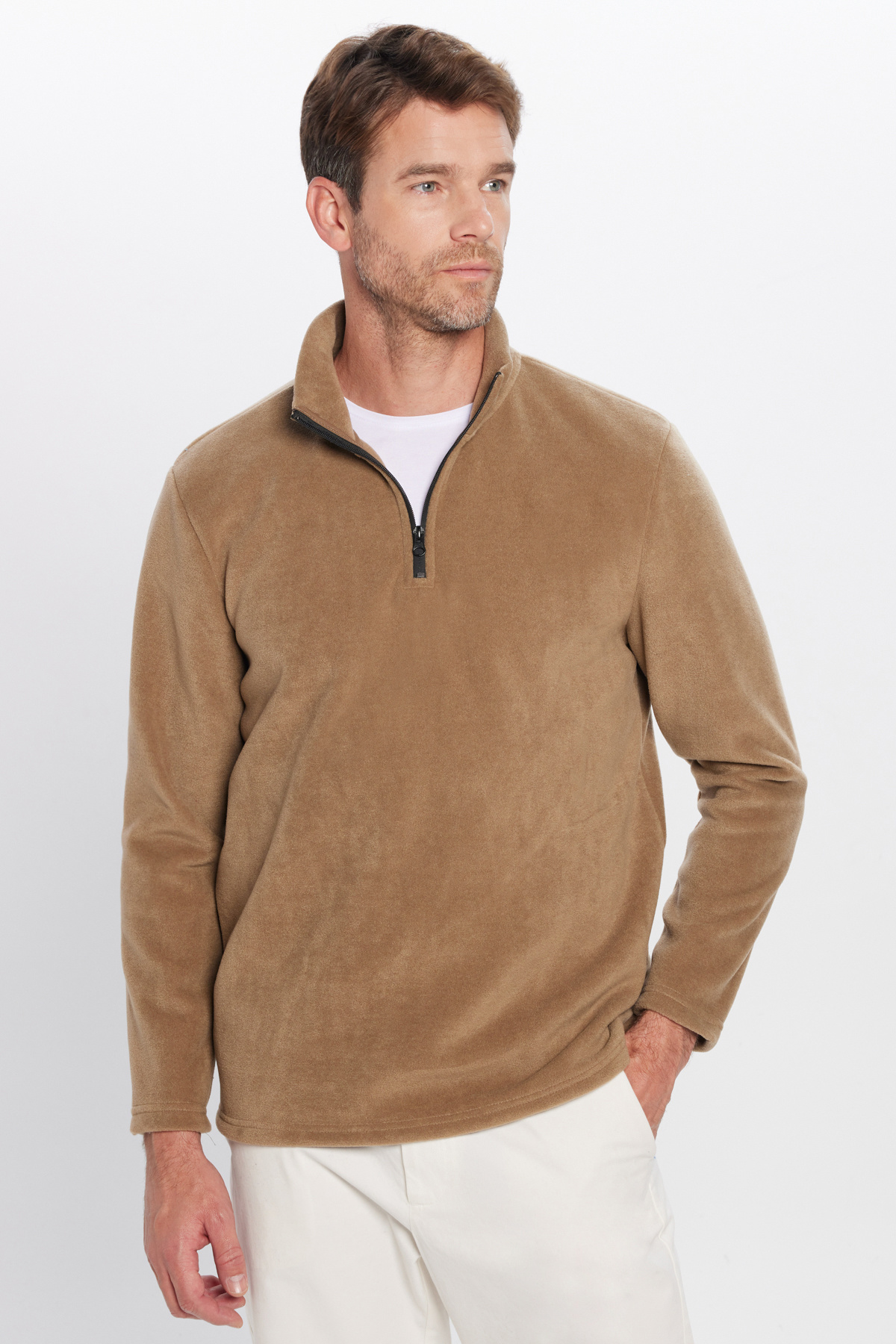 Unisex Standart Fit Tüylenmeye Karşı Dirençli Soğuğa Karşı Dayanıklı Haki Bato Yaka Polar Sweatshirt 6