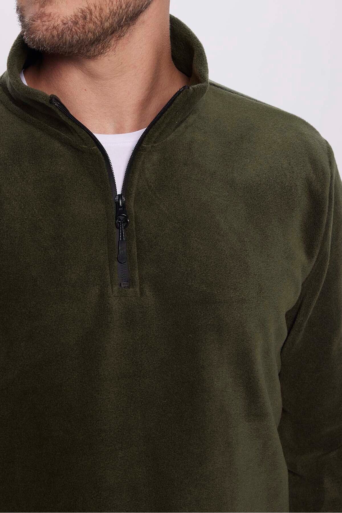 Unisex Rahat Kesim Tüylenmeye Karşı Dirençli Soğuğa Karşı Dayanıklı Haki Dik Yaka Polar Sweatshirt 6