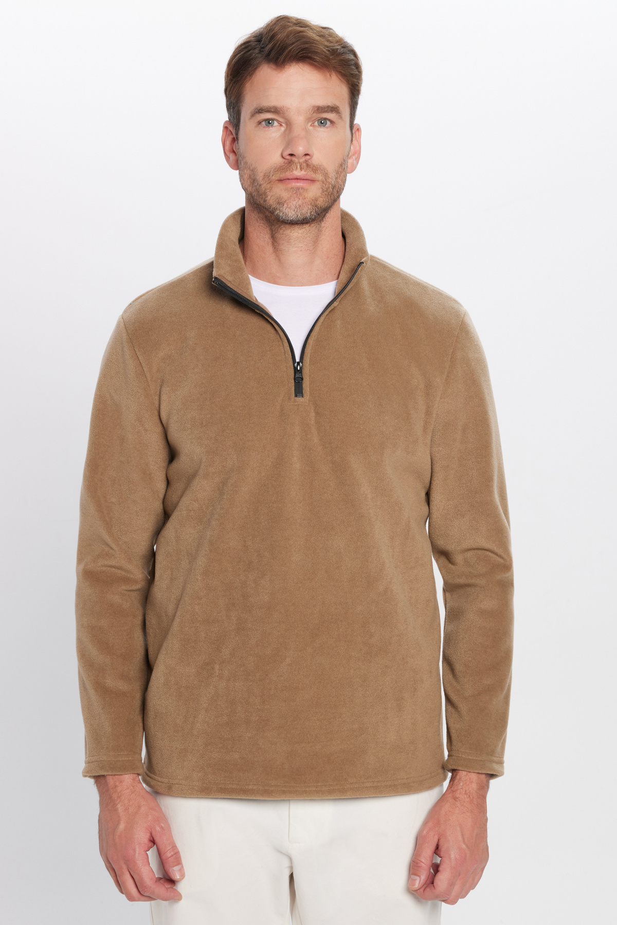 Unisex Standart Fit Tüylenmeye Karşı Dirençli Soğuğa Karşı Dayanıklı Haki Bato Yaka Polar Sweatshirt 3