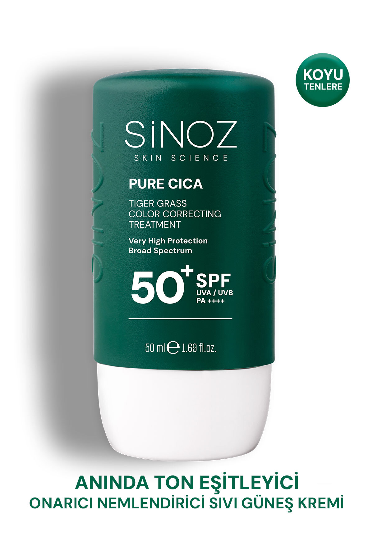 SİNOZ Pure Cica Tiger Grass Ton Eşitleyici Onarıcı Nemlendirici SPF50+ PA++++ Koyu Tenler İçin Güneş Kremi