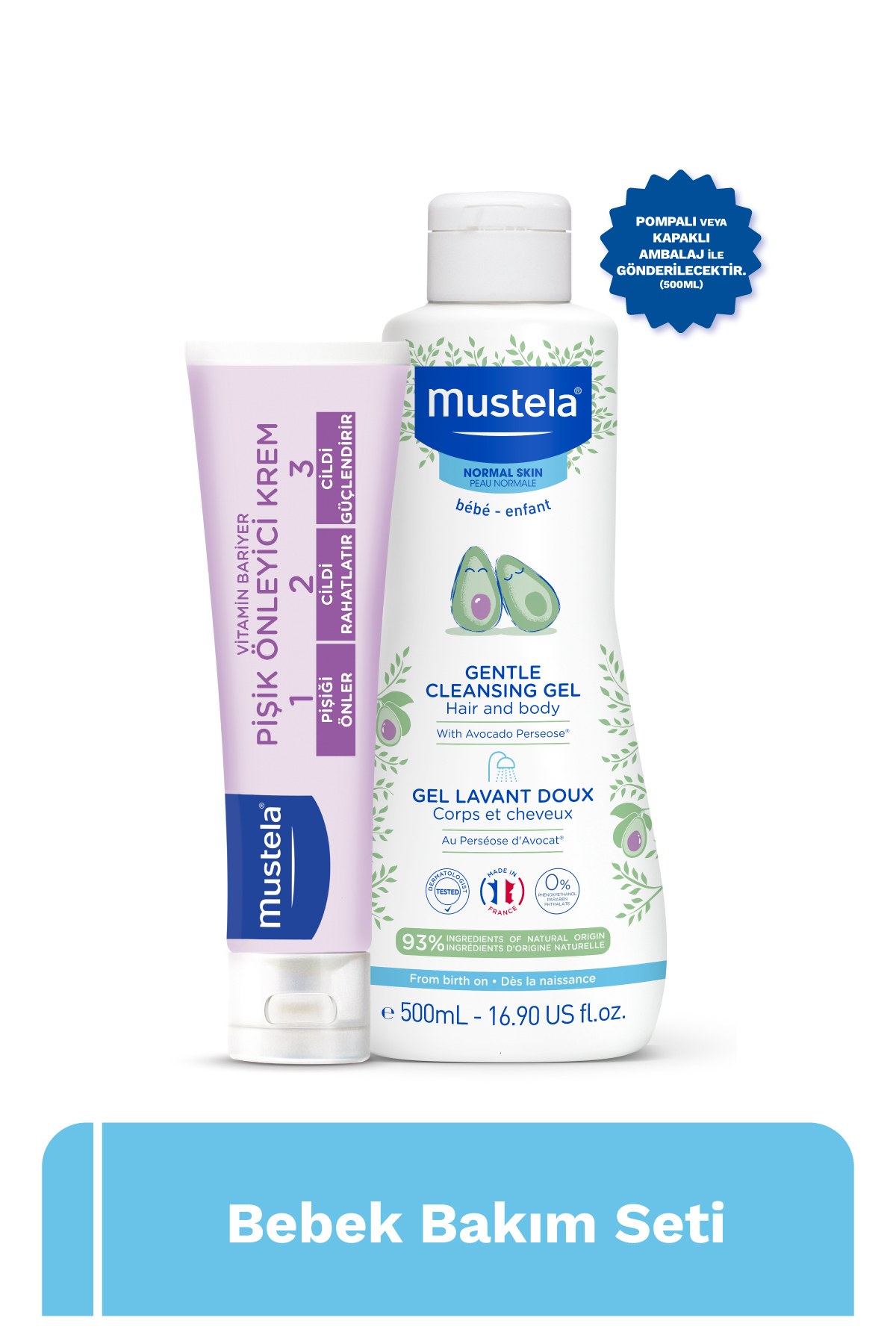 Mustela Bebek Bakım Seti Organik Avokadolu Yenidoğan Şampuanı 500 ml ve Pişik Önleyici Krem 100 ml