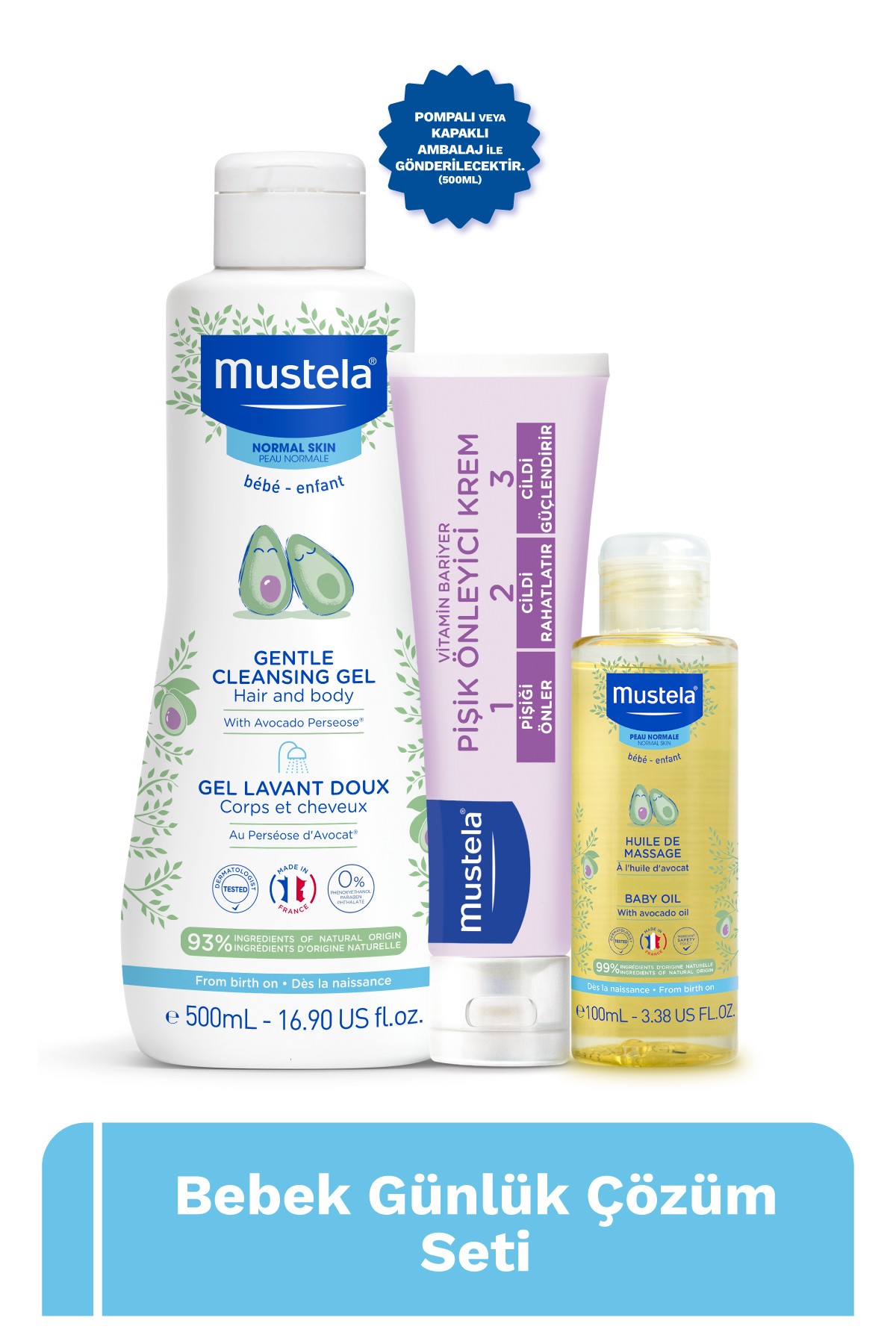 Mustela Bebek Günlük Çözüm Seti Yenidoğan Şampuanı 500 ml, Pişik Kremi 50 ml ve Masaj Yağı 100 ml