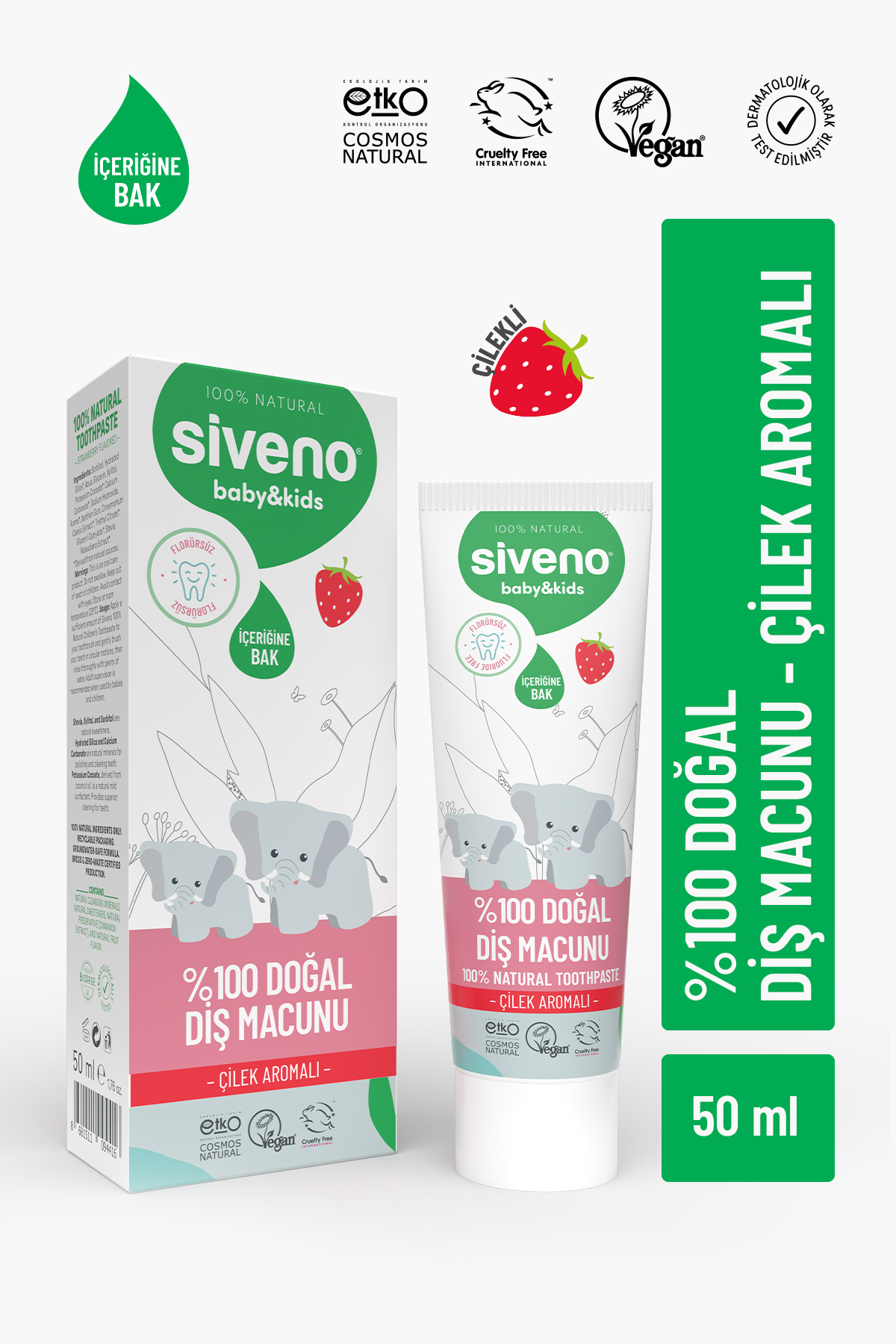 Siveno %100 Doğal Diş Macunu Bebek ve Çocuk İçin Çilek Aromalı Florürsüz 50 ml