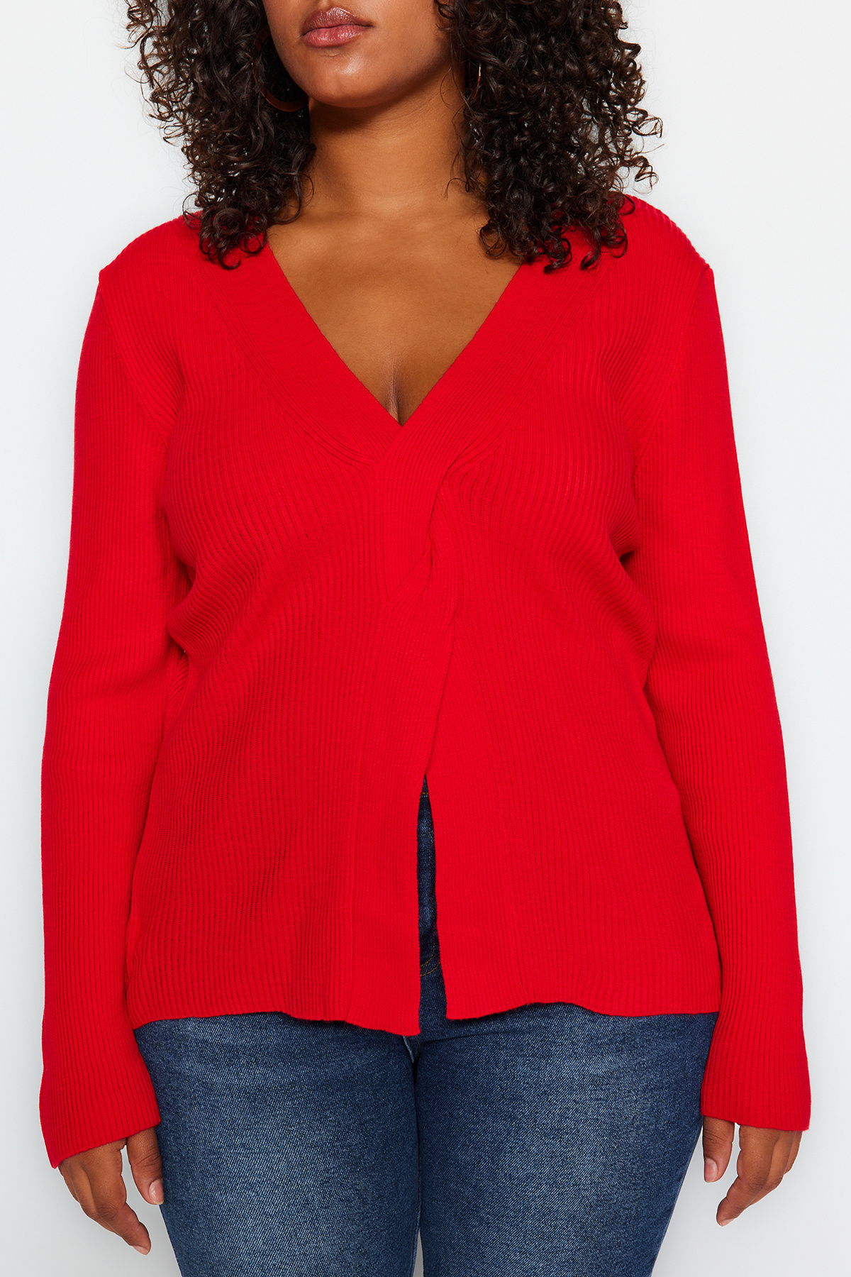 Trendyol Curve-V-Neck Red Knitwear Sweater - Front Knot Detail TBBAW24AN00101 8