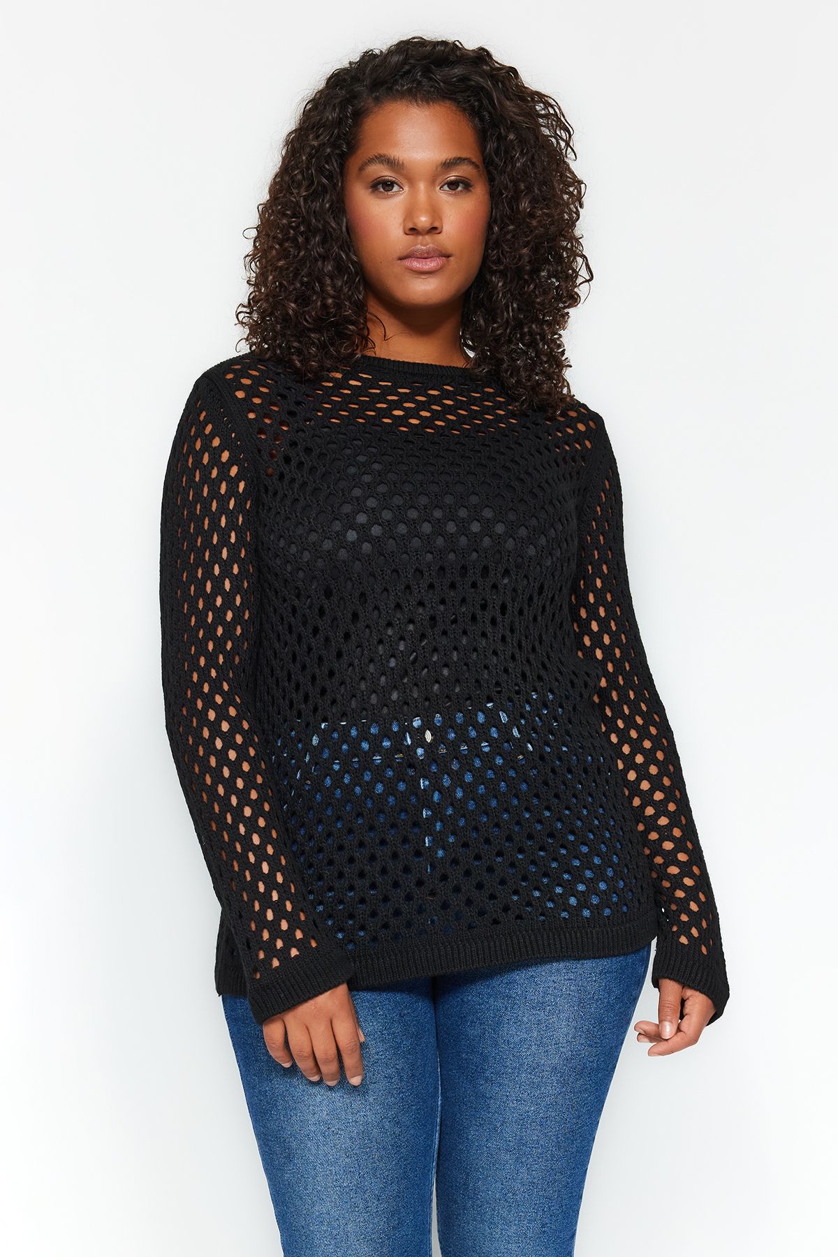 Trendyol Curve Czarny Ażurowy Sweter Z Dziurami Kobieta - 4XL