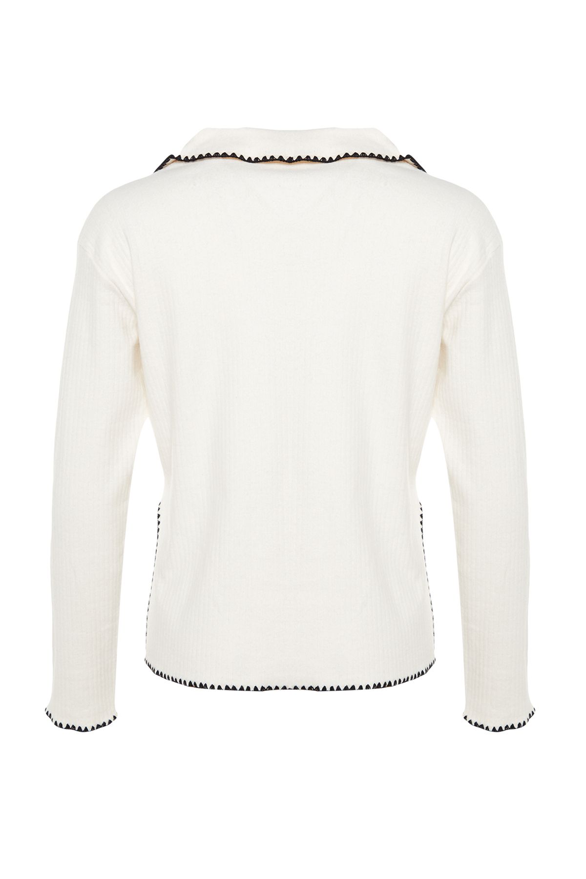 Trendyol Collection-Ecru Crochet Embroidery Detailed Corded Shirt Collar Regular Fit Knitted Blouse TWOAW24BZ00398 8