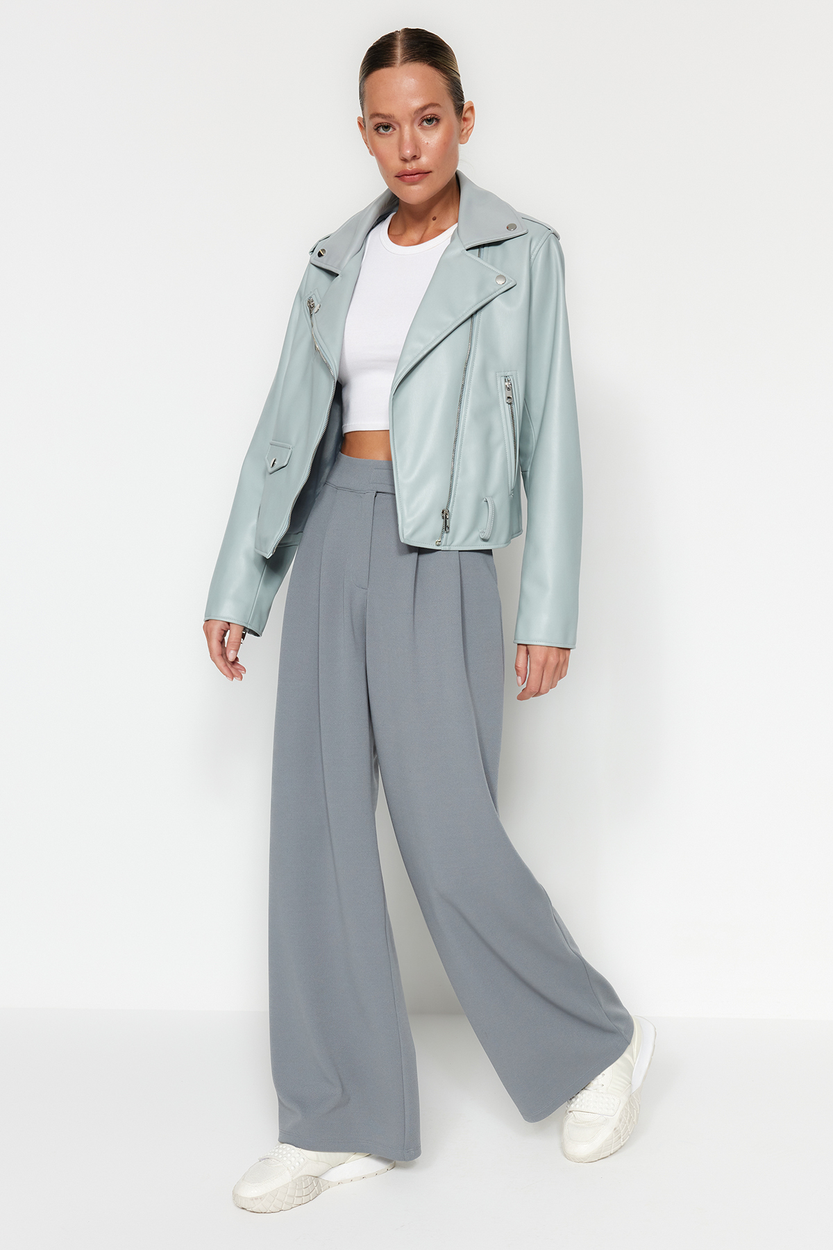 Trendyol Collection Dolphin Gray Velcro Closure High Waist Pleated Wide Leg/Wide Cut Knitted Pants TWOAW24PL00177
