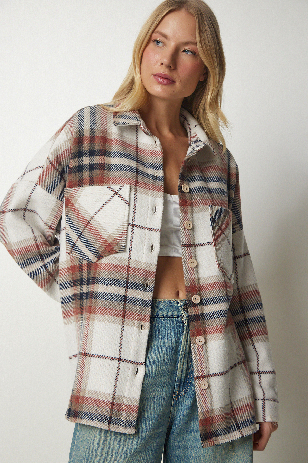 Happiness İstanbul Dámská kašmírová dřevorubecká košile s krémovým vzorem TU00034