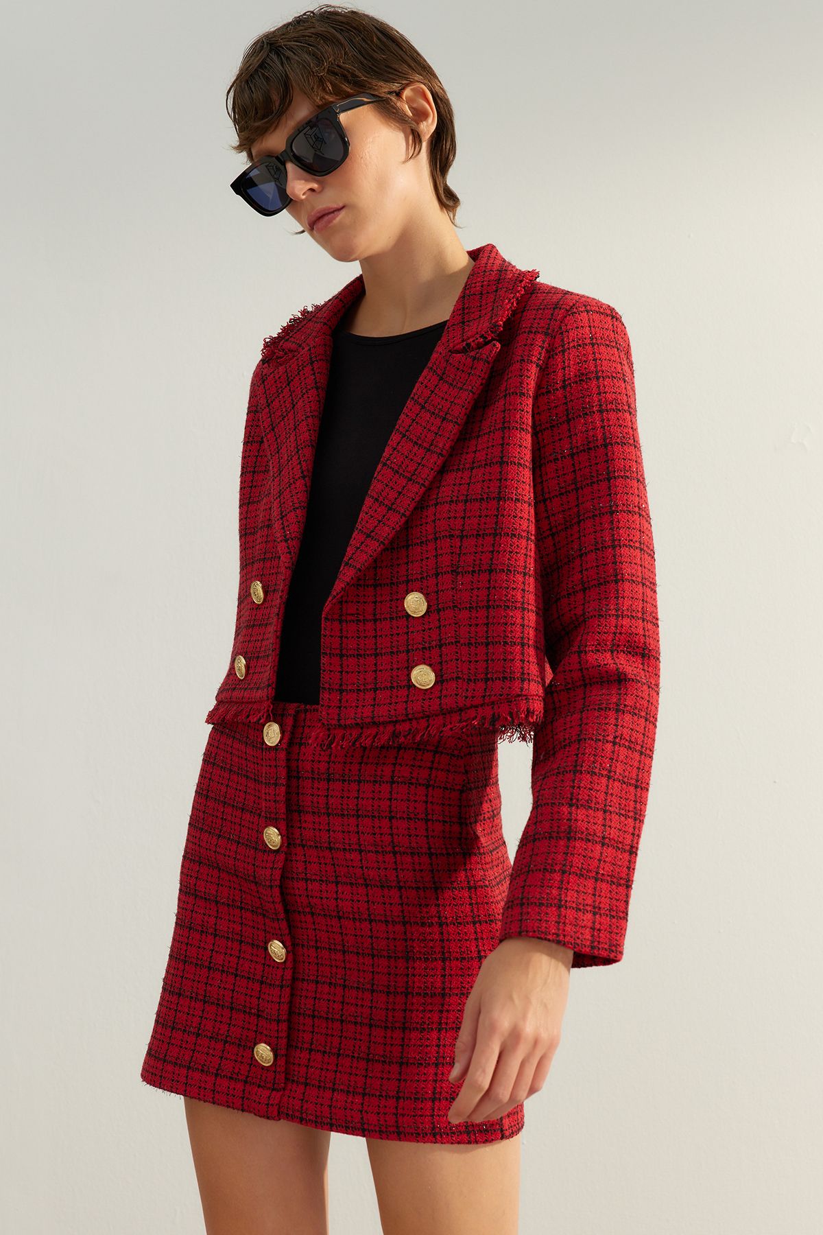 Trendyol Collection-Prémium piros kockás Crop blézerkabát - TWOAW24BC00081 3