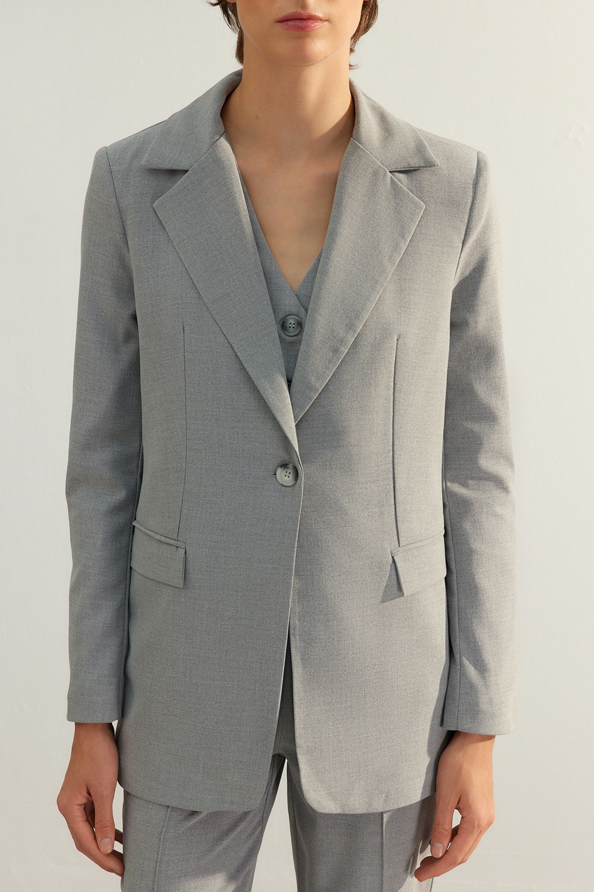 Trendyol Collection-Gray Premium Regular Lined Woven Blazer Jacket TWOAW24BC00033 4