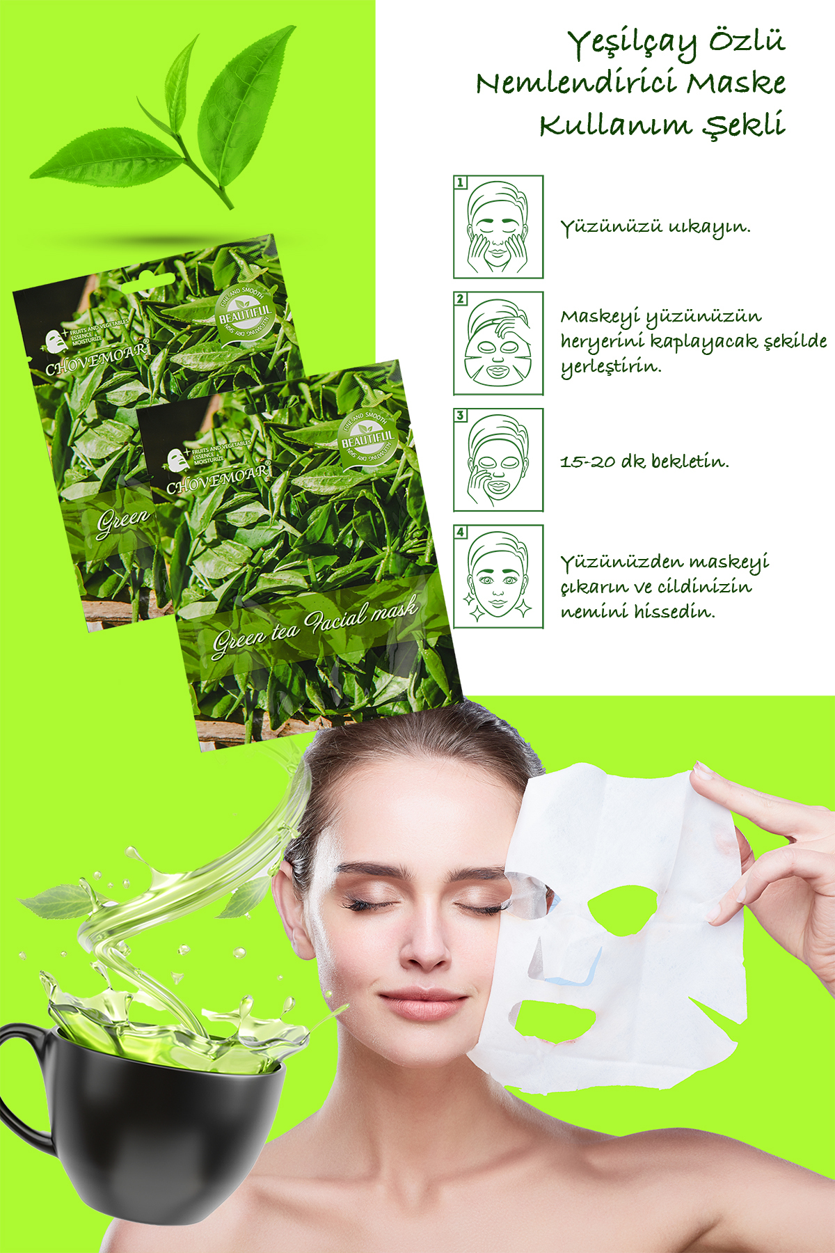 Dahaus 3 Pieces Green Tea Essence Paper Face Mask Green Tea Face Mask