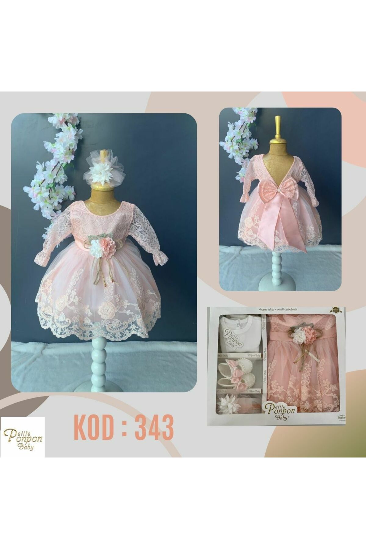 furya kids Kız Bebek 0-6 Ay Elbise 4 lü Mevlütlük Set Uzun Kollu Dantelli Premium Mevlütlük fotoğrafı 2 (önizleme)