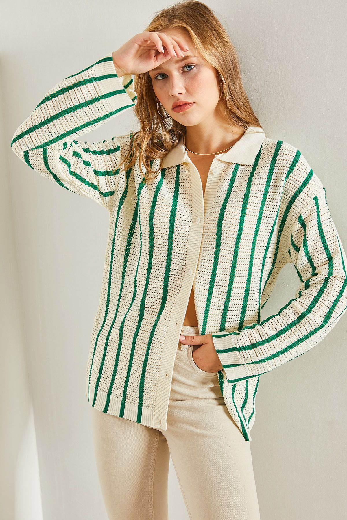 Bianco Lucci-Women's Shirt Collar Long Sleeve Striped Cardigan 4