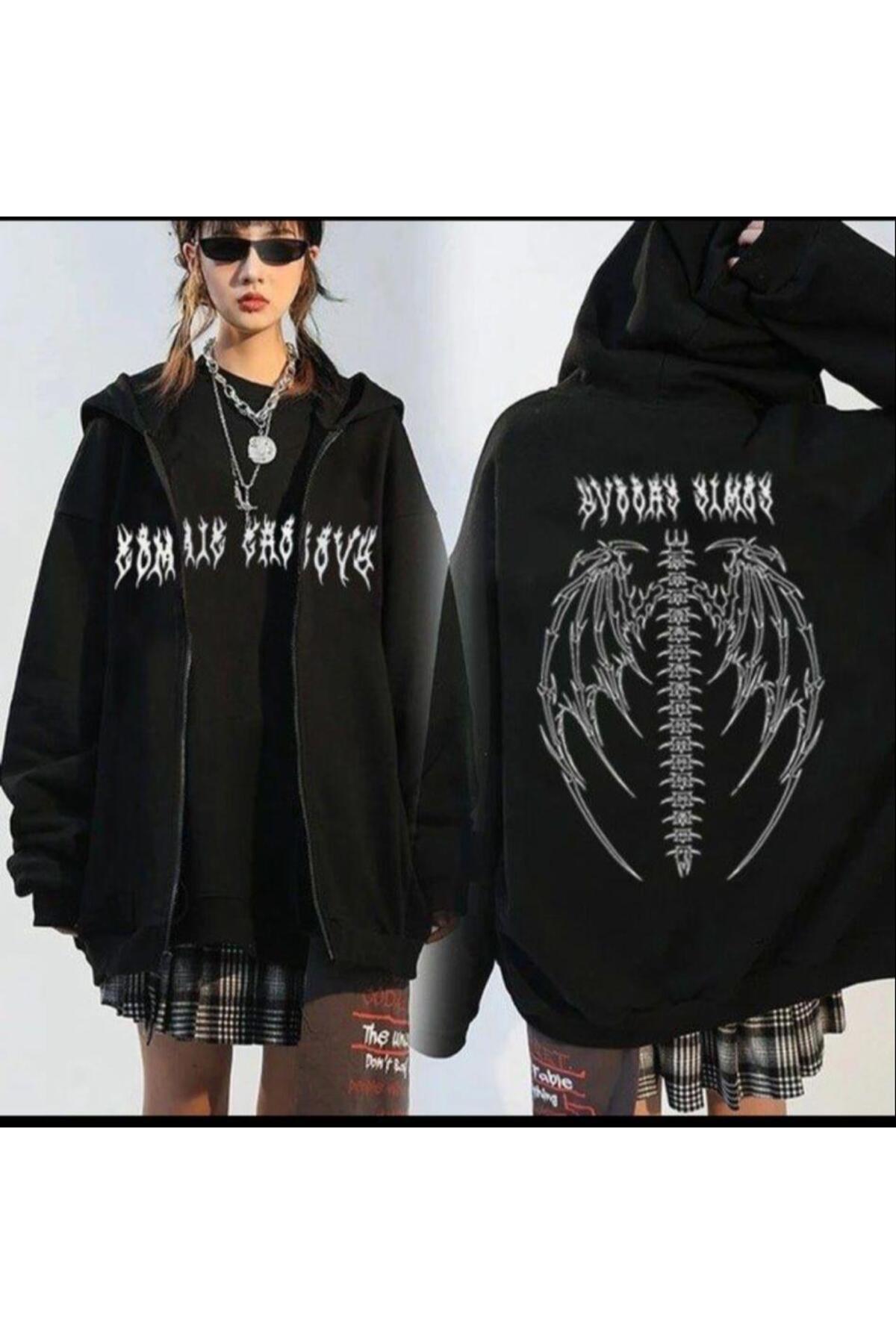 Gofeel Y2k Sırt Baskılı Kanat Detail Oversize Kapüşonlu Fermuarlı