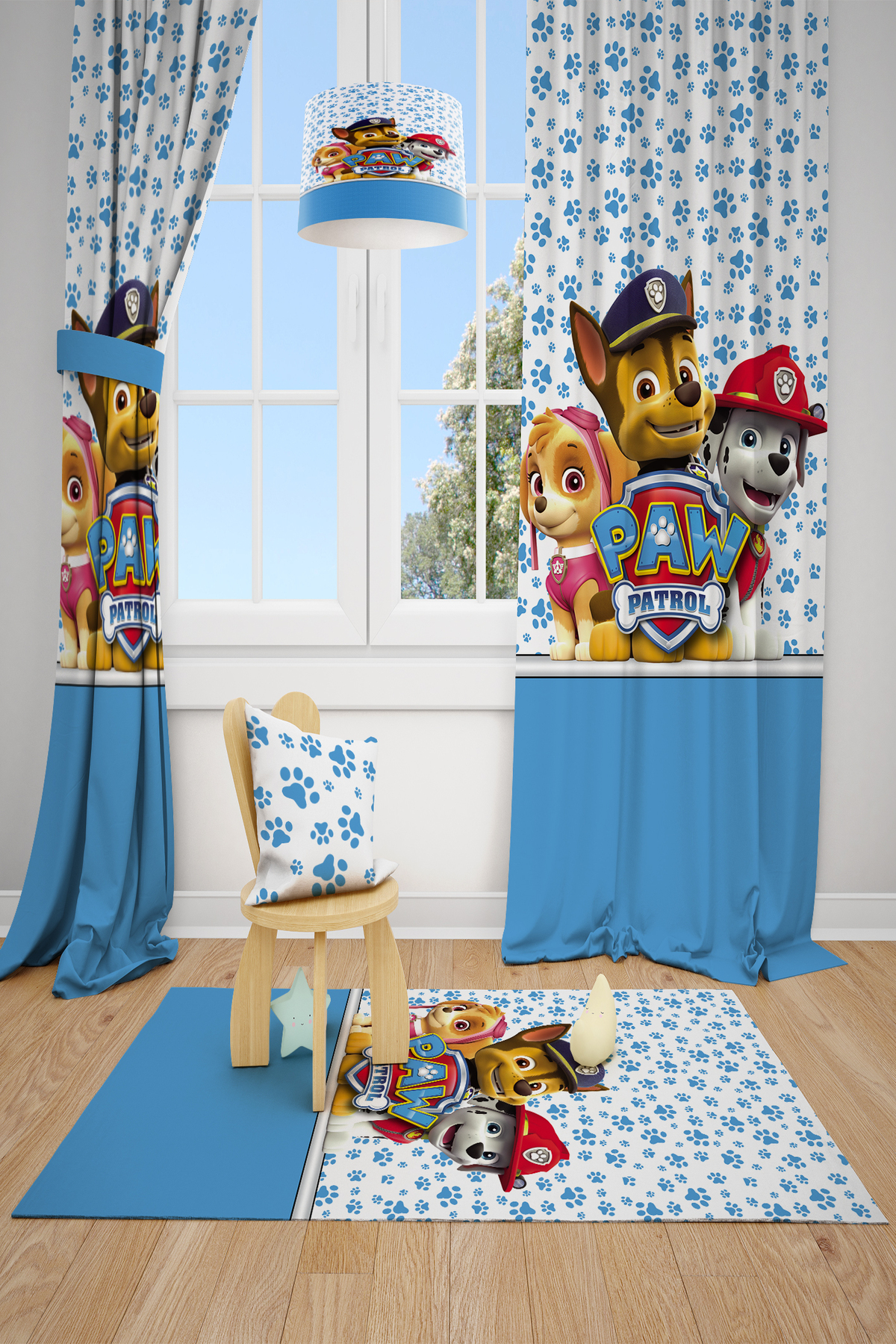 BelezaHome MAVİ BEYAZ PAW PATROL DEKORATİF ÇOCUK ODASI FON PERDE fotoğrafı 2 (önizleme)