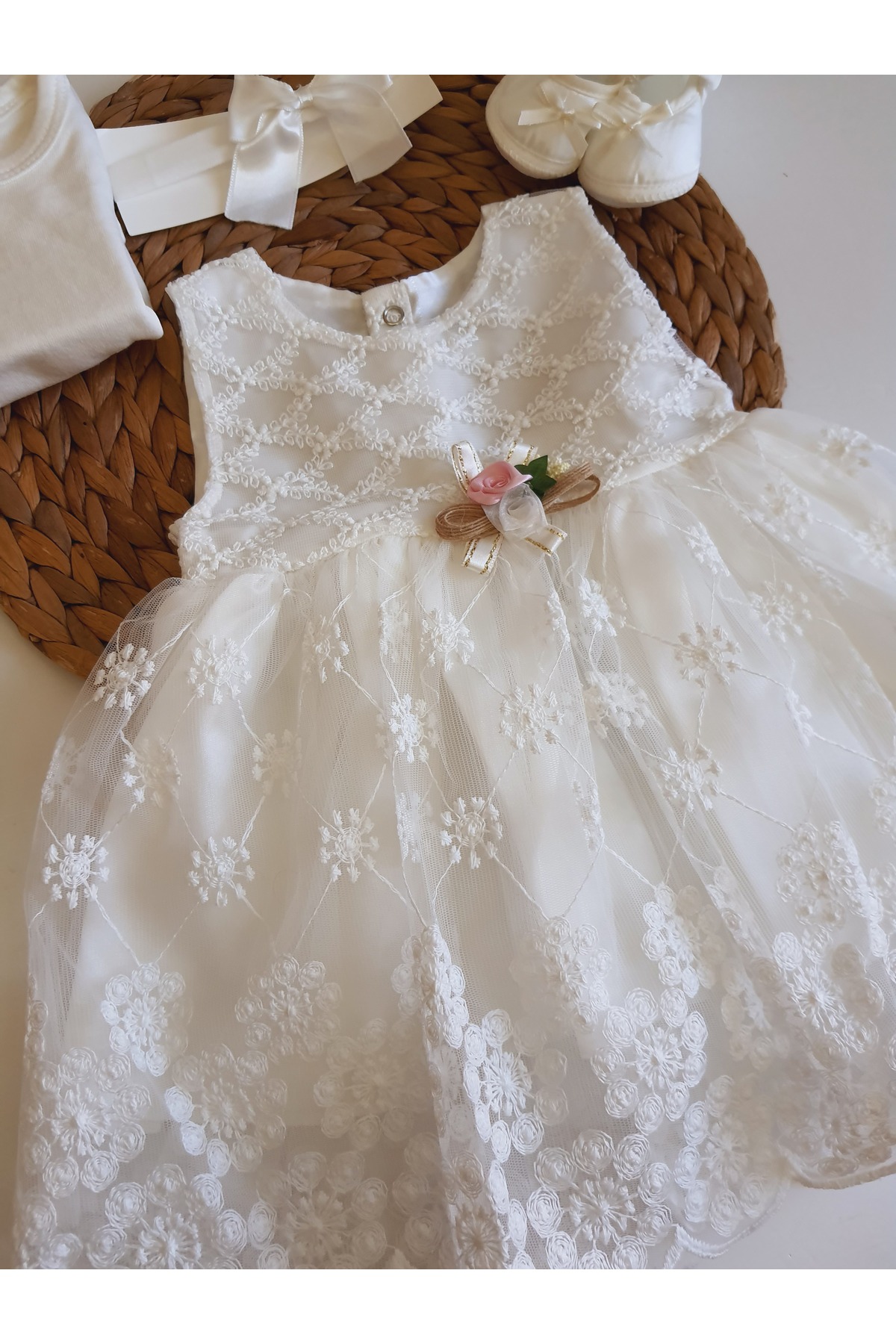 PİLEKİ BABY Kız Bebek 4 Parça Yenidoğan 0 4 Ay Gelinlik Elbise Mevlütlük Set Dantel Gelinlik fotoğrafı 3 (önizleme)