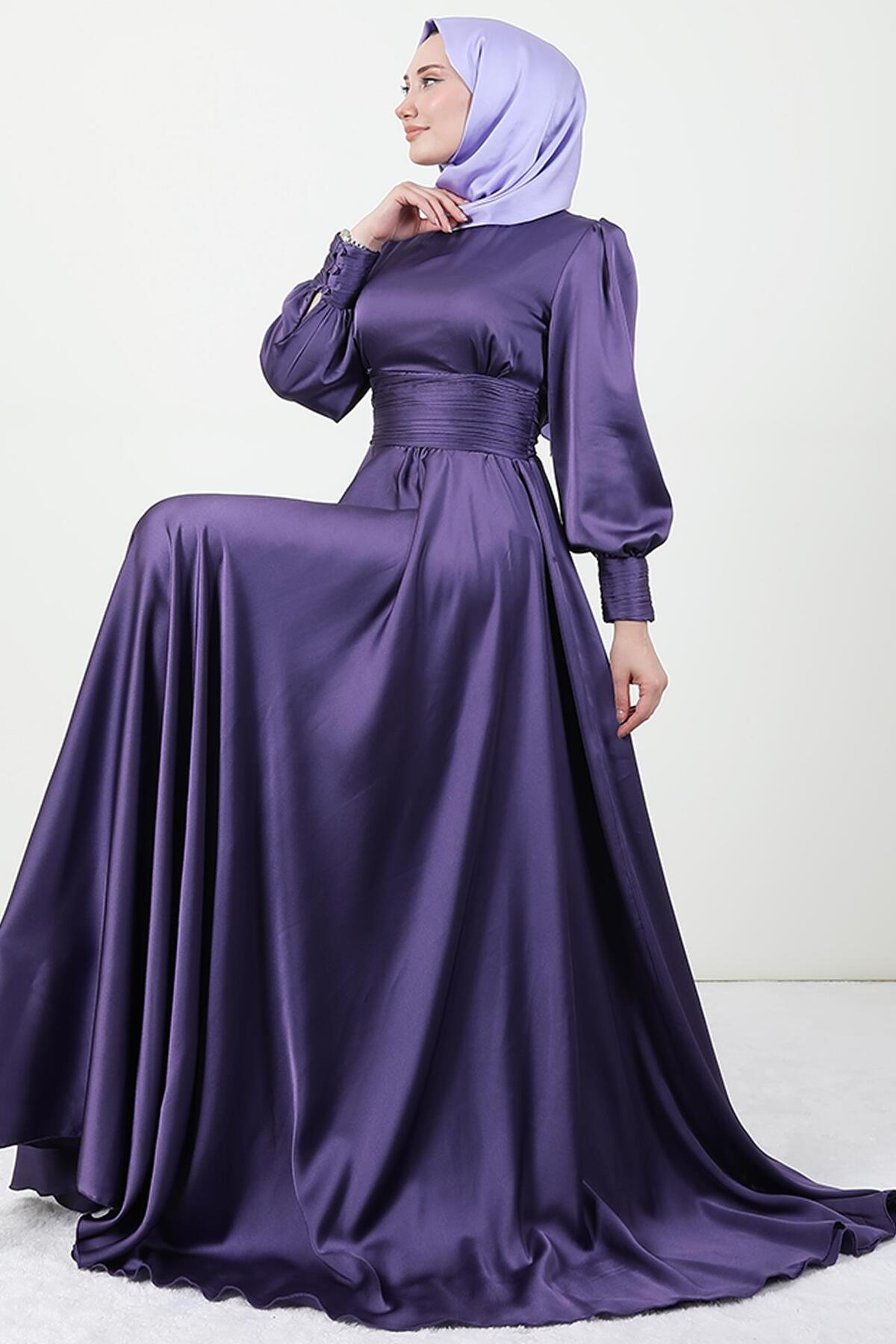 Pleated Waist Satin Evening Dress Dark Lilac