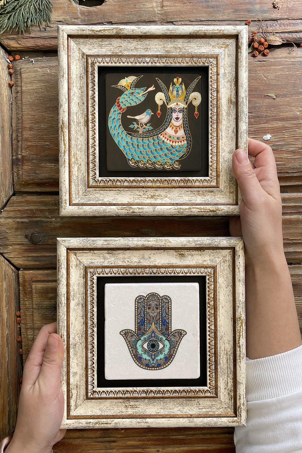 Framed Stone Wall Decor Table 20x20cm Set of 2 (1213-114) Şahmeran Fatma Ana