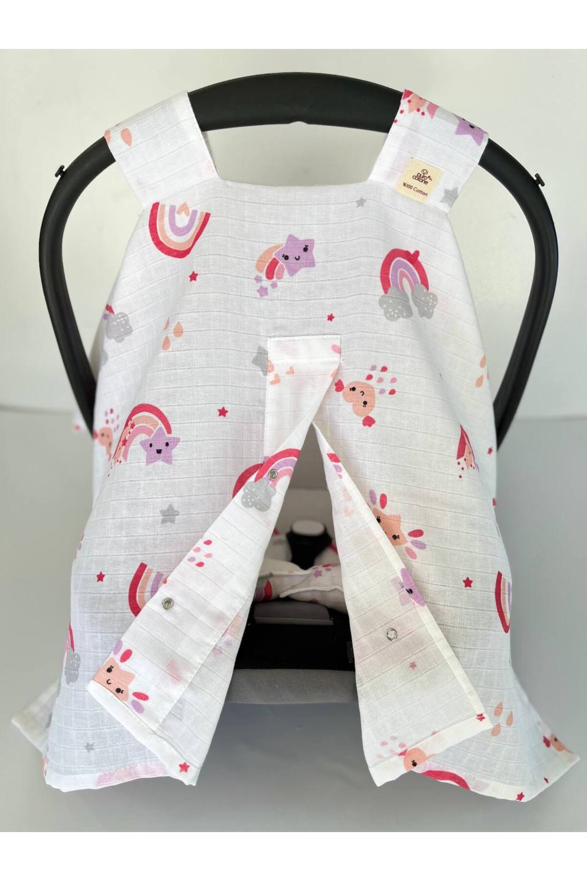 Puro Cotone %100 Pamuk Bebek Müslin Puset Örtüsü ve Puset Minderi Pembe Gökkuşağı Desenli fotoğrafı 2 (önizleme)