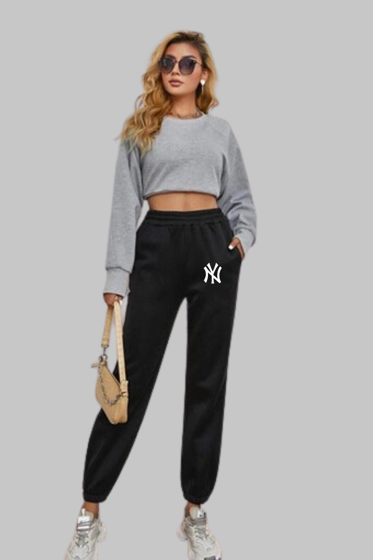Black Sweatpants New York Yankee Printed Winter Elastic Legs, Women
