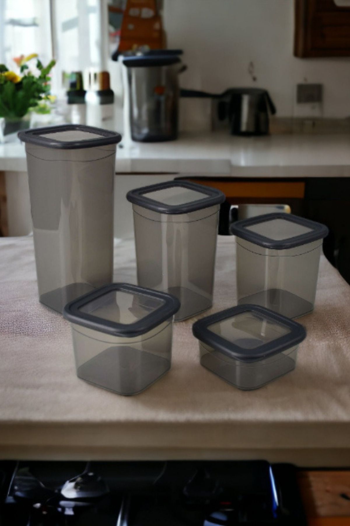 Melkan Home-Food Container 5-Piece Square Food Container Storage Container Dowry Set Square Smoked Lid Transparent Spice Bowl Set 4