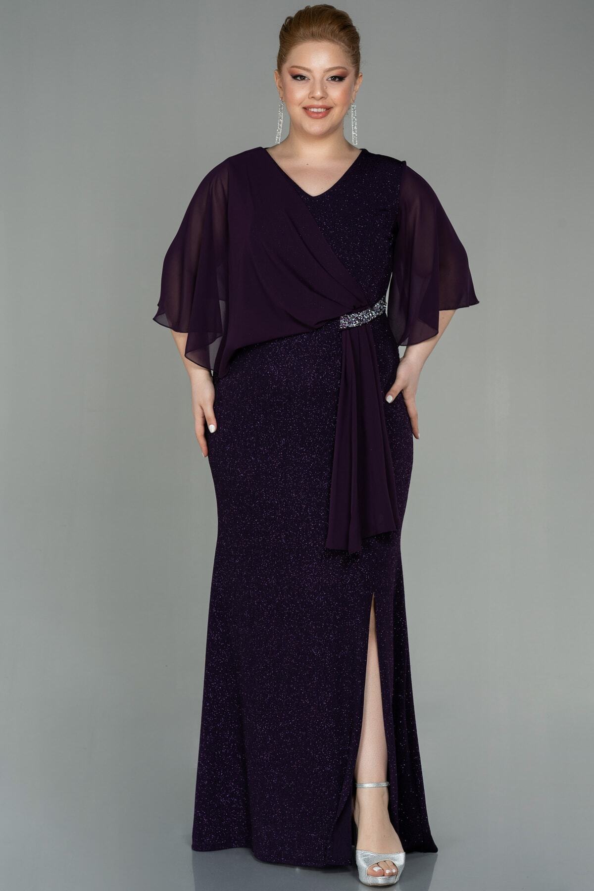 Purple Short Sleeve Long Glitter Plus Size Evening Dress Abu2857