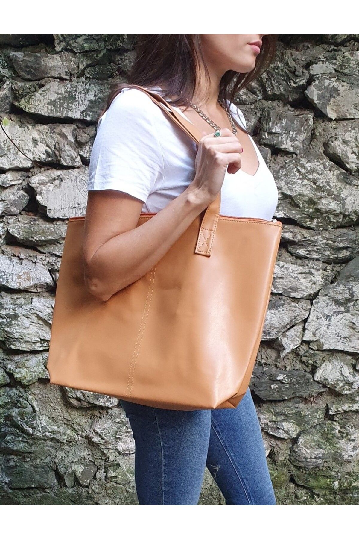 Bakras Tan Large Size Zipper Closure Shopper Tote Bag Double Set