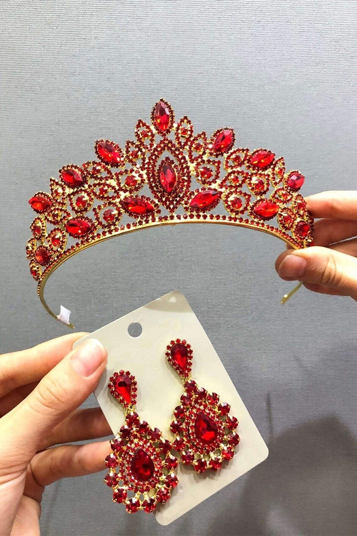 Hobigram Düğün Malzemesi Kırmızı Kına Tacı Ve Küpe Seti – Düğün & Kına & Nikah, Şık Tasarım, Kadın Aksesuarı