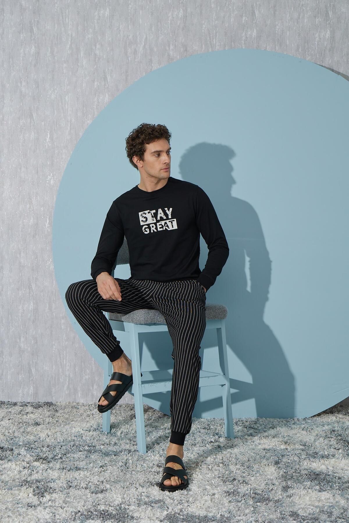 Sevim-Men's Long Sleeve Black Pajamas Set C9T4N2O8 4