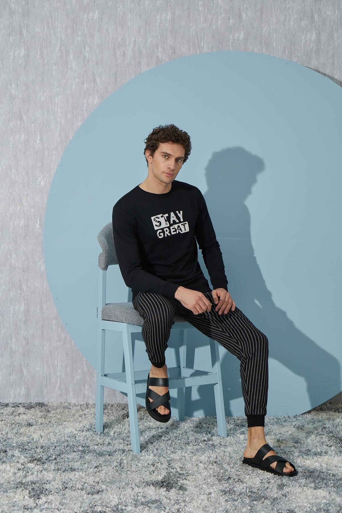Sevim-Men's Long Sleeve Black Pajamas Set C9T4N2O8 5