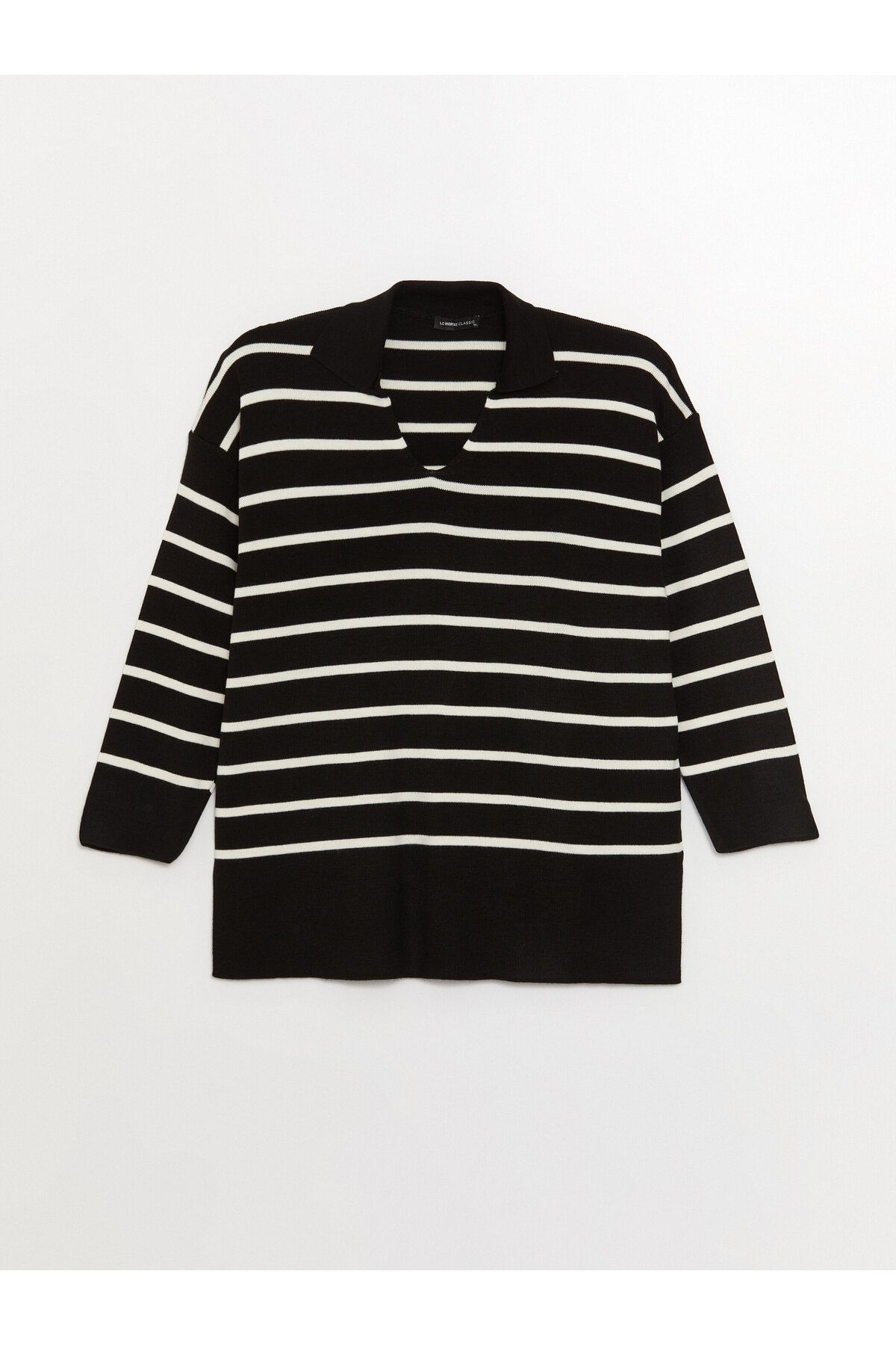 LC Waikiki-Gestreifter, langärmliger, übergroßer Damen-Strickpullover mit Polokragen 5